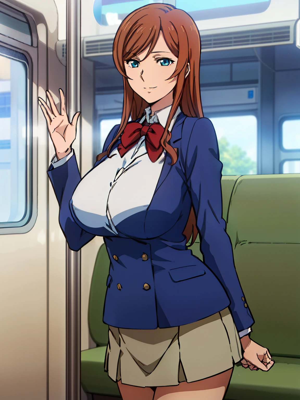 sitting on red train chair, crowd people, blue jacket, blue suit , red bow tie, (blue pleated skirt), white shirt, (inside train background), sunny, Kamiki Mirai, mature woman, anime cels style, best quality, high resolution, 1girl, (huge breasts:1.2), beautiful face, Beautiful Finger, Beautiful long legs, Beautiful body, Beautiful Nose, Beautiful character design, brown hair, Long hair, bangs, blue eyes, looking at viewer, cowboy shot, smiling