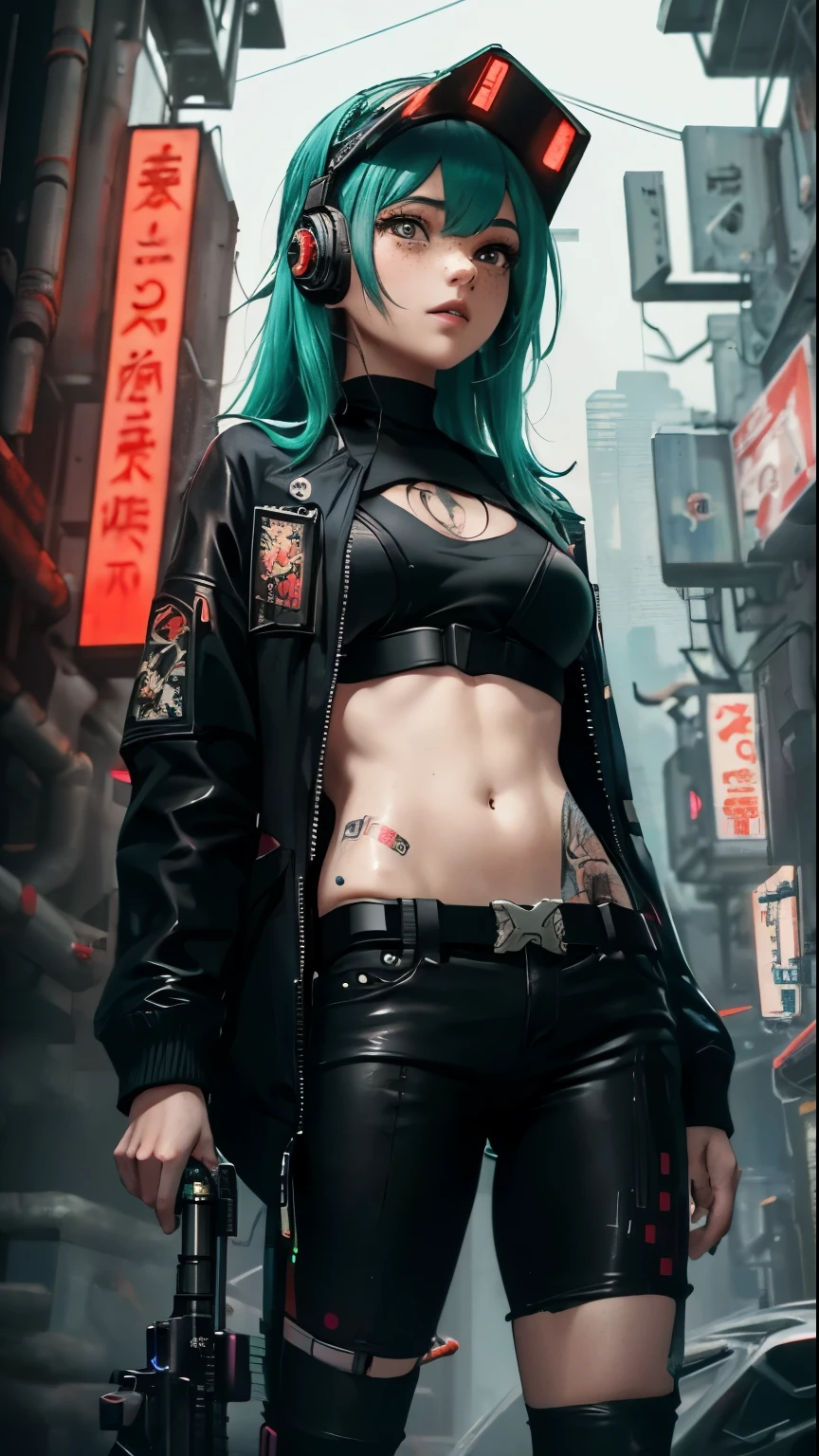 ((Best Quality)), ((Masterpiece)), perfect eyes:1.2, holding a machine gun, detailed eyes:1.4, ((freckles)), woman, hightech visor, high tech, hacker, irezumi, tattoo, techwear, headphones, messy hair, multicolored hair, green hair, black jacket, gradient hair, leather clothes, (machine gun), (High Definition:1.3), 3D, Beautiful (Cyberpunk:1.3), Colored hair, militar, black clothes looking at camera, hacker woman, sticking out, sexual, seduction, neo tokyo