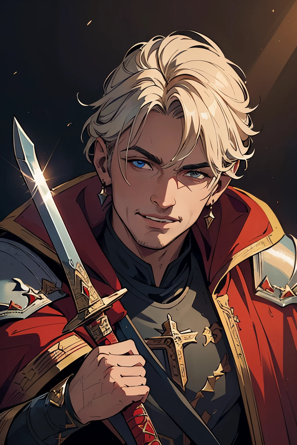 (masterpiece:1.1),(best quality:1.1),extremely detailed,(original design:1.1),(unique accessories:1.1),(medieval fantasy:1.1),professionally retouched,(close-up:1.1),portrait,midday,(male:1.1) holy knight,sword,templar emperor,(holy:1.2),(divine:1.2),(old:1.3),grin,red cape,muscular