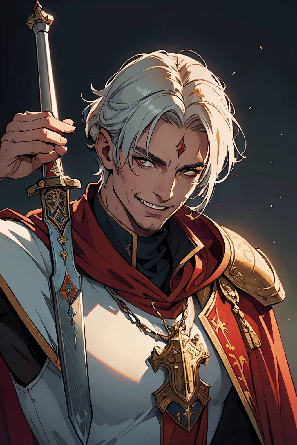 (masterpiece:1.1),(best quality:1.1),extremely detailed,(original design:1.1),(unique accessories:1.1),(medieval fantasy:1.1),professionally retouched,(close-up:1.1),portrait,midday,(male:1.1) holy knight,sword,templar emperor,(holy:1.2),(divine:1.2),(old:1.3),grin,red cape,muscular