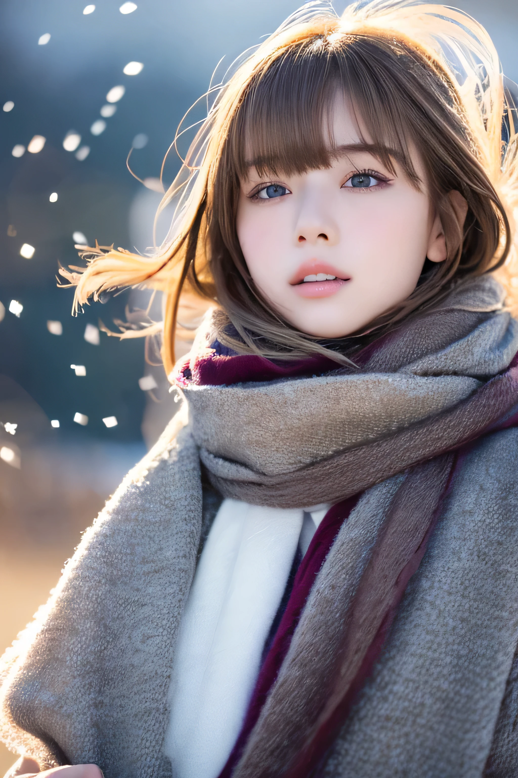 ((hair blowing in the wind、no makeup:1.2))、(realistic、Photoreal、Super detailed、best detailed skins、highest quality、masterpiece、超A high resolution)、cute russian woman、14 years、high school girl、young girl、1 girl、have bangs、ash blonde:1.7、double eyelid、drooling eyes、Japanese style face、purity、realistic skin type、thick muffler、Gray muffler、fluffy hair、((There'hair in scarf:1.3))、red cheeks、The wind is blowing、that'It's snowing、night、illumination、Lighting from behind、hair blowing in the wind