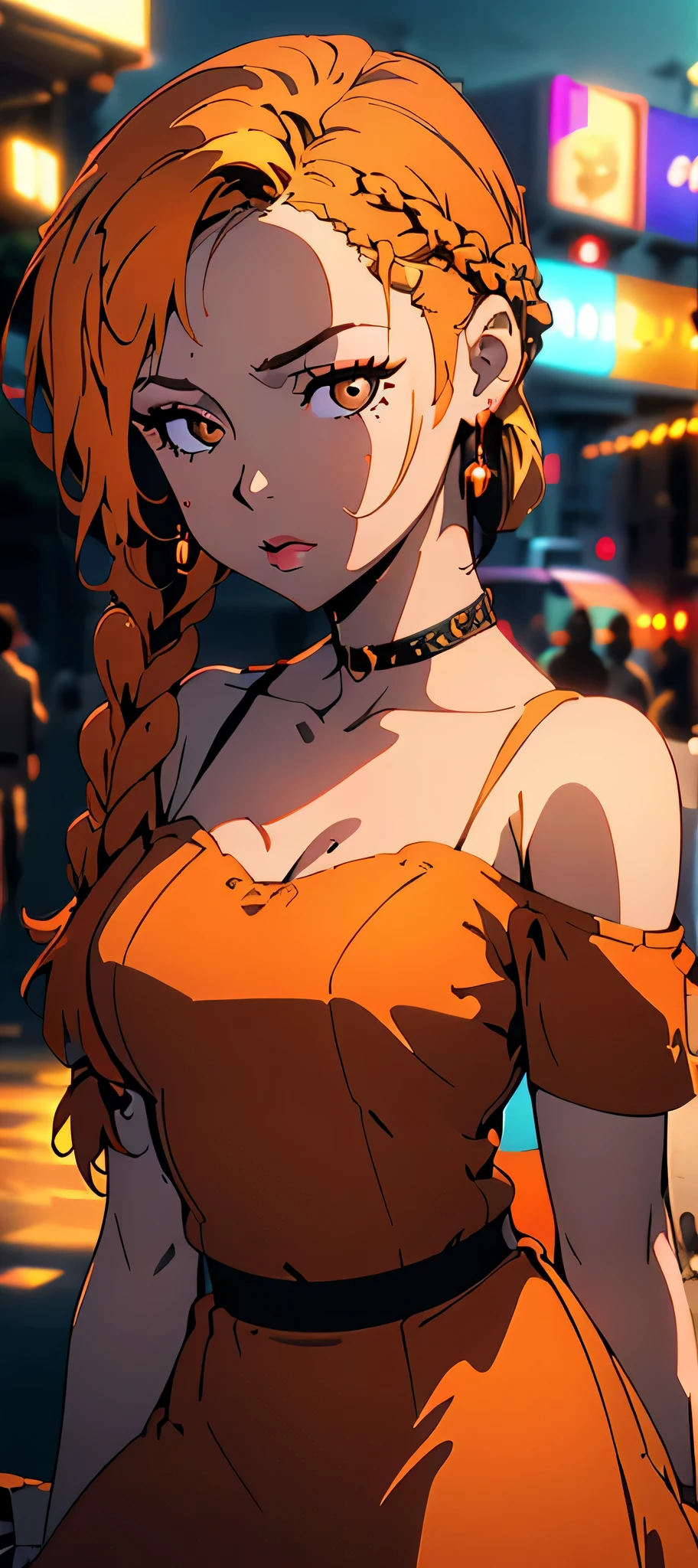 a woman posing on the street corner with orange dress on, best quality, 1girl, large breast, day, bright, blur background, bokeh, outdoor, (street:0.8), (people, crowds:0.8), (off-shoulder dress:1.2), gorgeous, (braided bangs:1.2), beautiful detailed sky, (dynamic pose:1.2), soft lighting, wind, shiny skin, (upper body:0.8), (freckles:0.8), mole under mouth,