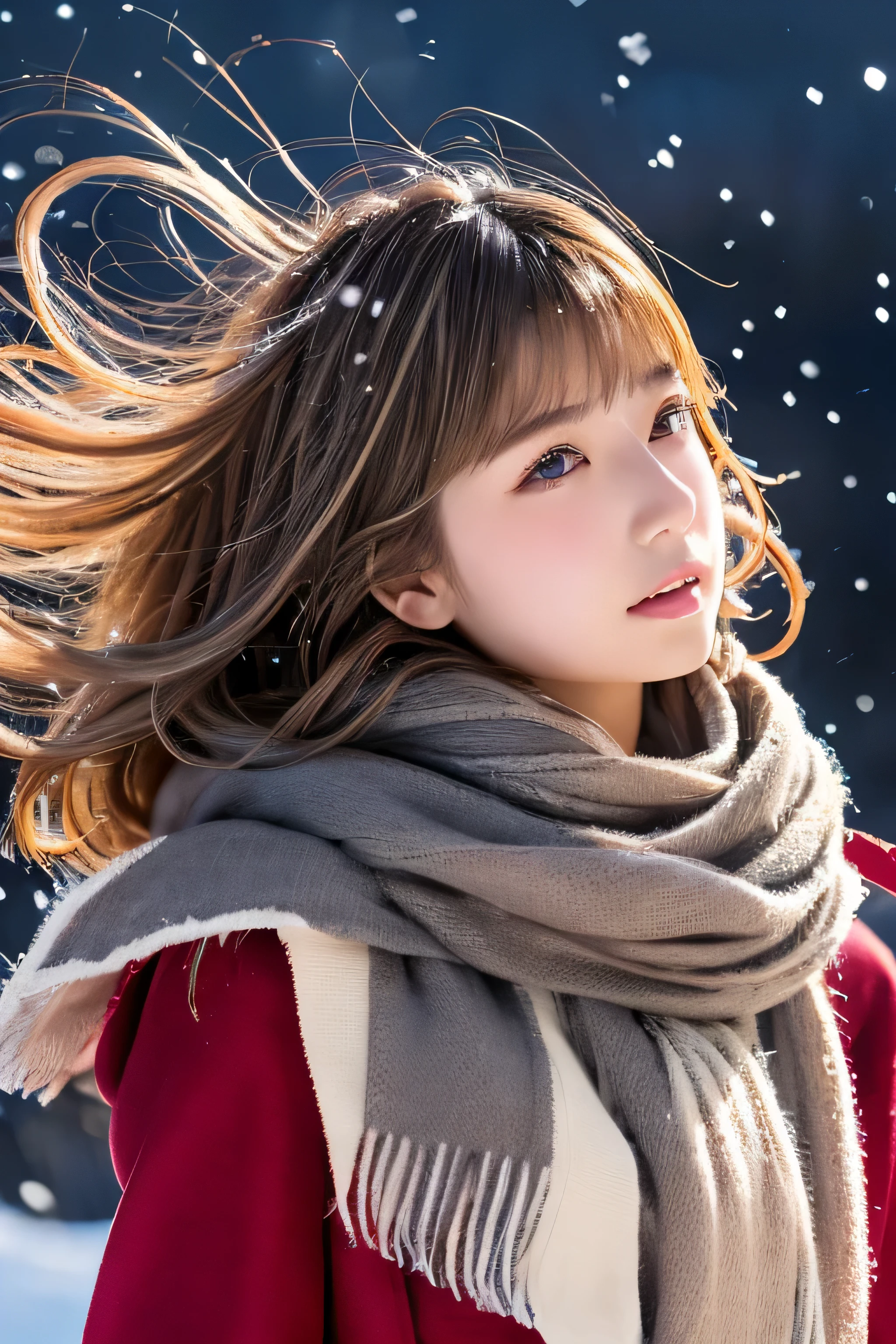 ((hair blowing in the wind、no makeup:1.2))、(realistic、Photoreal、Super detailed、best detailed skins、highest quality、masterpiece、超A high resolution)、cute russian woman、14 years、high school girl、young girl、1 girl、have bangs、ash blonde:1.7、double eyelid、drooling eyes、Japanese style face、purity、realistic skin type、thick muffler、Gray muffler、fluffy hair、((There'hair in scarf:1.3))、red cheeks、The wind is blowing、that'It's snowing、night、illumination、Lighting from behind、hair blowing in the wind
