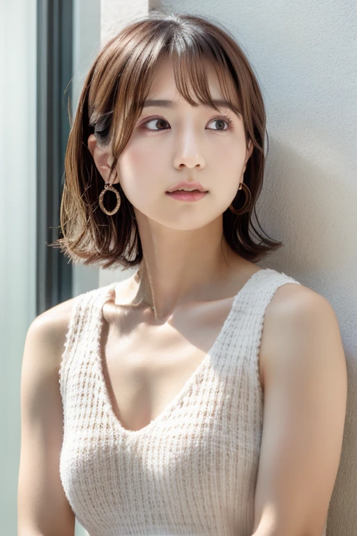 (Highly realistic photos, High resolution, detailed face, fine eyes), Photographed in front of a white wall、japanese woman, 40 years old, Serious expression, alone:1, , ((ponytail、up hair, short hair)), white skin, light makeup, big breasts、((cleavage))、Wearing a grey knitted dress,Wearing a V-neck dress,serious expression、white wall background, upper body portrait, UHD、Bright white light illumination