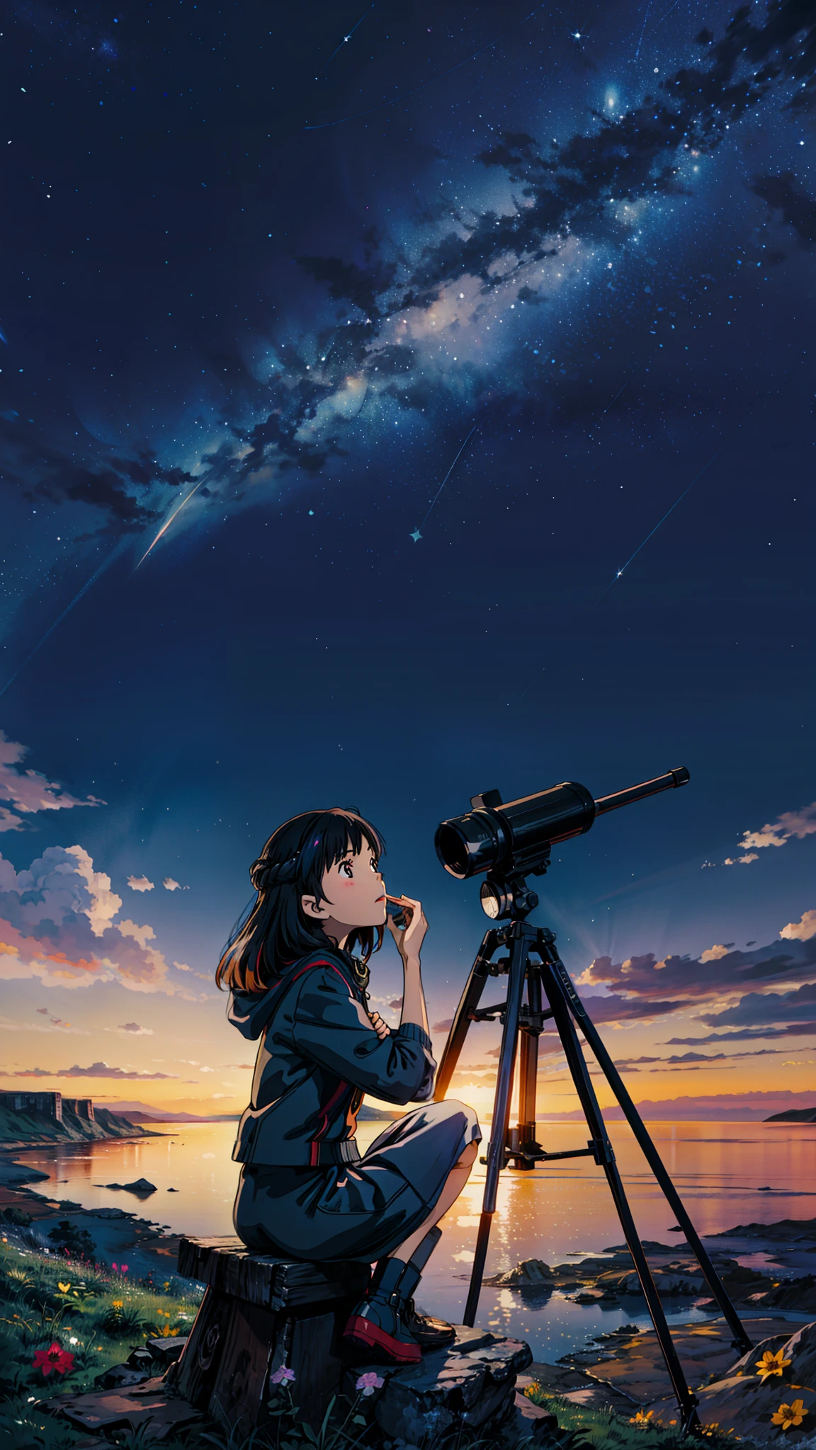 painting of a girl sitting with a telescope under a starr filled sky, cosmic starry sky, colorful, multicolored flowers, starry sky!!, starry sky, many stars in sky, night sky full of stars, dark starry sky, night time with starry sky, black sky full of stars, sky full of stars, the sky is a starry sky, galaxy in the night sky, starry night sky, black sky with stars
