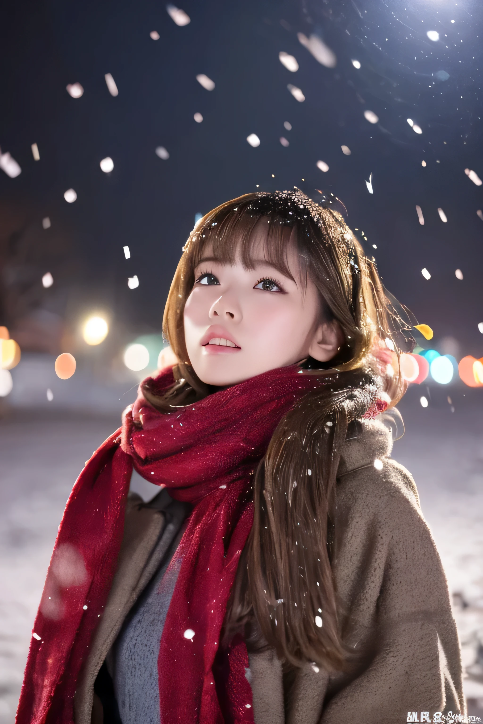 ((hair blowing in the wind、no makeup:1.2))、(realistic、Photoreal、Super detailed、best detailed skins、highest quality、masterpiece、超A high resolution)、cute russian woman、14 years、high school girl、young girl、1 girl、have bangs、ash blonde:1.7、double eyelid、drooling eyes、Japanese style face、purity、realistic skin type、thick muffler、Gray muffler、fluffy hair、((There'hair in scarf:1.3))、red cheeks、The wind is blowing、that'It's snowing、night、illumination、Lighting from behind、hair blowing in the wind