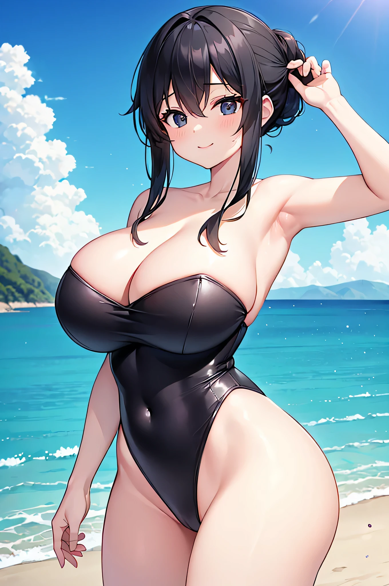  (seaside:1.5),(from directly above:1.5),((beautiful armpits:1.5)), (1 girl:1.5),(Smile Beam:1.5),((huge breasts:1.8)),(huge saggy breasts:1.8), (cleavage: 1.5),((strapless:2.0)),((BLACK leotard:1.5)),((High leg:1.5), 20-year-old,masterpiece,hyper quality, very detailed,perfect picture,3D,8K,High resolution,seductive anime girl, medium hair:1.3,black hair,(black eye:1.5),sporty hairstyle,Smooth anime CG art, 