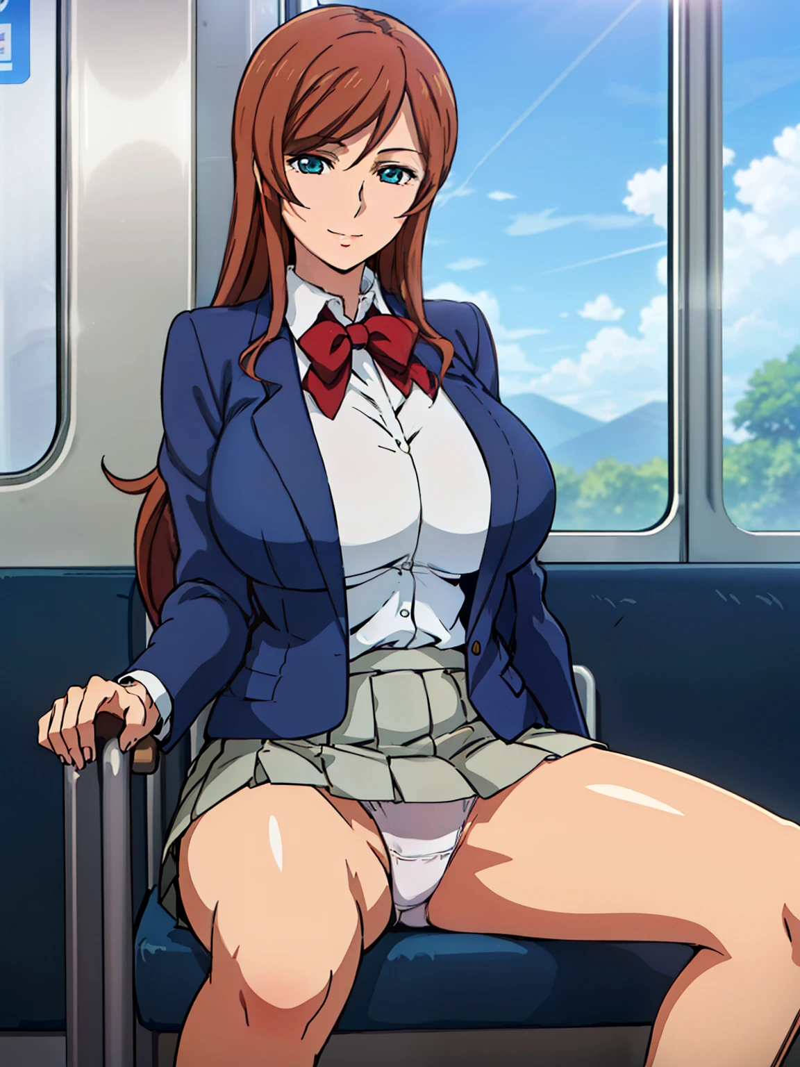 sitting on red train chair, (), (white ), blue jacket, blue suit , red bow tie, (blue pleated skirt), white shirt, (inside train background), sunny, Kamiki Mirai, mature woman, anime cels style, best quality, high resolution, 1girl, (:1.2), beautiful face, Beautiful Finger, Beautiful long legs, Beautiful body, Beautiful Nose, Beautiful character design, brown hair, Long hair, bangs, blue eyes, looking at viewer, cowboy shot, smiling