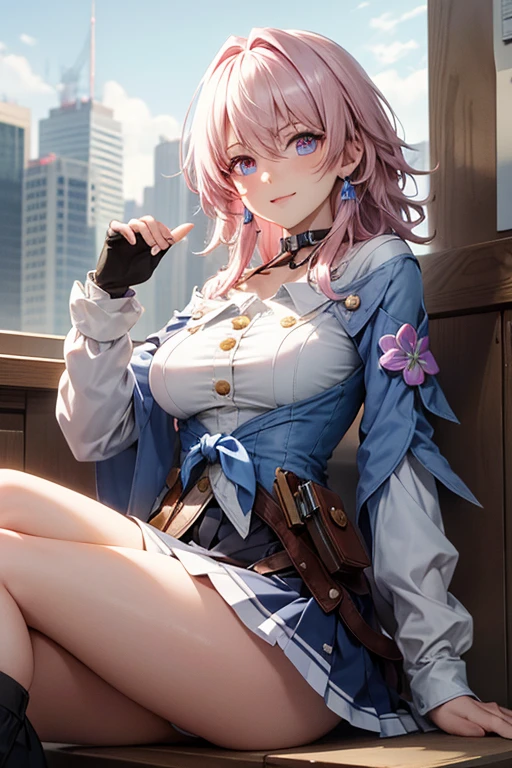 (masterpiece), best quality, expressive eyes, perfect face, 1 girl, solo, march seventh, blue eyes, hair between eyes, medium hair, pink eyes, pink hair, two-tone eyes, breasts, big breasts, large breasts, ankle boots, archery shooting glove, badge, legs, bare legs, thick legs, black choker, black corset, black footwear, black gloves, blue jacket, blue skirt, boots, button badge, buttons, choker, collarbone, corset, earrings, flower ornament, gloves, high heel boots, high heels, jacket, jewelry, long sleeves, miniskirt, partially fingerless gloves, pleated skirt, shirt, single earring, single glove, skirt, thigh strap, tied jacket, underbust, white shirt, smiling, city, background, futuristic city, sitting on the ground, knees up, portrait, looking at the viewer, buttocks,