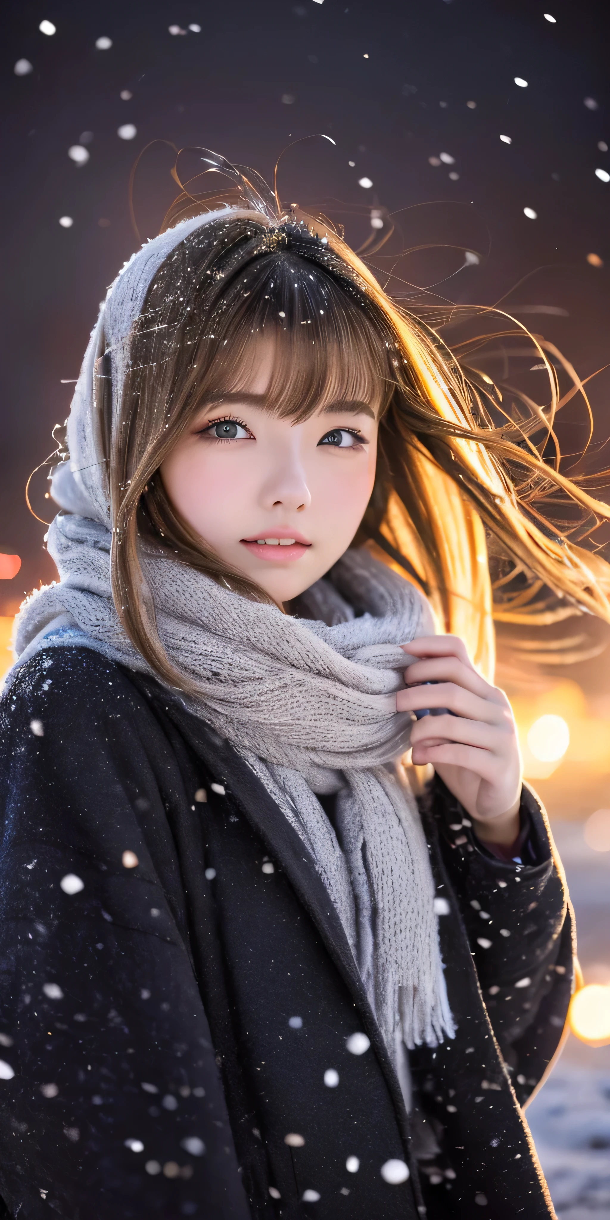 ((hair blowing in the wind、no makeup:1.2))、(realistic、Photoreal、Super detailed、best detailed skins、highest quality、masterpiece、超A high resolution)、cute russian woman、14 years、high school girl、young girl、1 girl、have bangs、ash blonde:1.7、double eyelid、drooling eyes、Japanese style face、purity、realistic skin type、thick muffler、Gray muffler、fluffy hair、((There'hair in scarf:1.3))、red cheeks、The wind is blowing、that'It's snowing、night、illumination、Lighting from behind、hair blowing in the wind