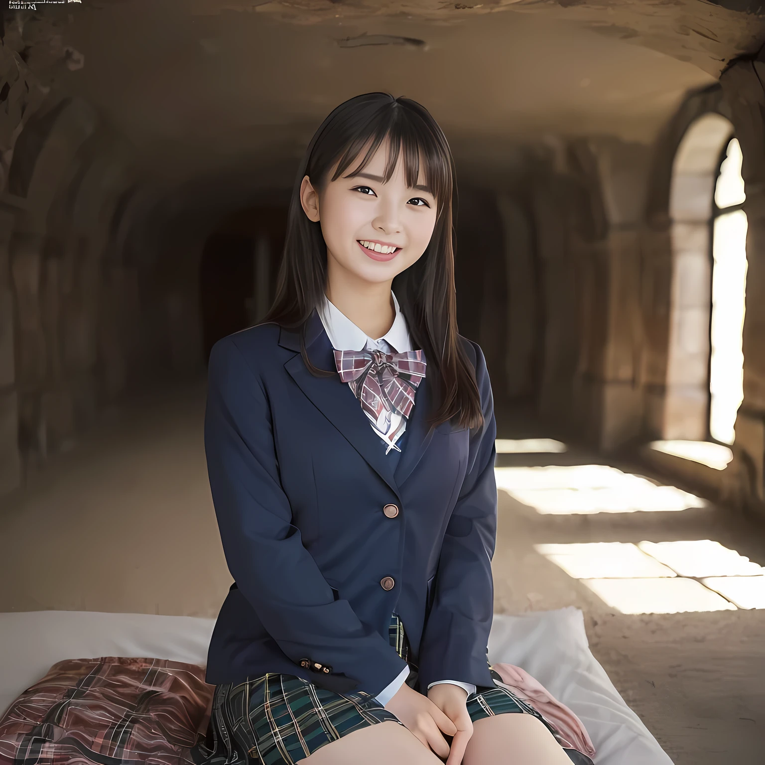 (highest quality、masterpiece:1.2)、highest quality、realistic、photograph、High resolution、1080p、8K、The face is especially pale., physical rendering、((Height: 155cm)), one Japanese girl、((A siren in the form of a 15-year-old Japanese junior high school student is sitting.)), (((((Siren in the form of a beautiful girl fashion model from a Japanese magazine))))), , (((big very detailed beautiful dark brown eyes))), ((blue girly large wine-red glossy polyester Japanese school ribbon bow tie)), (((black very beautiful and very very long straight hair))), ((((deep blue colored tartan checkered formal long pleated pleated skirt)))), ((A unpatterned formal dark blue blazer in solid that is slightly oversized and has an emblem on the left chest.)), ((((((laughing at me!)))))), mouth is open, The large blazer and skirt are very cute., detailed fingers, Slender body, ((curled bangs)), so beautiful, ((Very big and very very very cute eyes of a Japanese girl)), ((large pupils)), double eyelids, The entire skirt is photographed, thin eyebrows, ((drooping eyes)), ((very long eyelashes)), ((cute lovely lovely laughing laughing cheeks)), ((Pure white light hits her face from above and in the front, making her skin and eyes shine beautifully.)), ((Strong light hits the nose and cheeks、It brings out the richness of the expression.)), (((((Her face is expressive, pure and very intelligent.))))), (((looking at the viewer))), (((((At a very gorgeous underground holy sacred room with a very gorgeous and very divine bed)))))