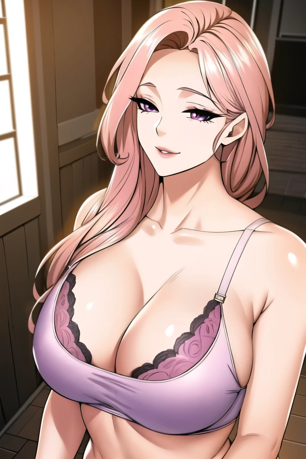 (8K, original photo, best quality, masterpiece:1.2),1 girl,alone,adult, purple eyes, pink hair, breast,split, half-closed eyes,Smile,Beautiful Body,Beautiful nose,Beautiful character design, perfect eyes, perfect face, Sexy Lingerie