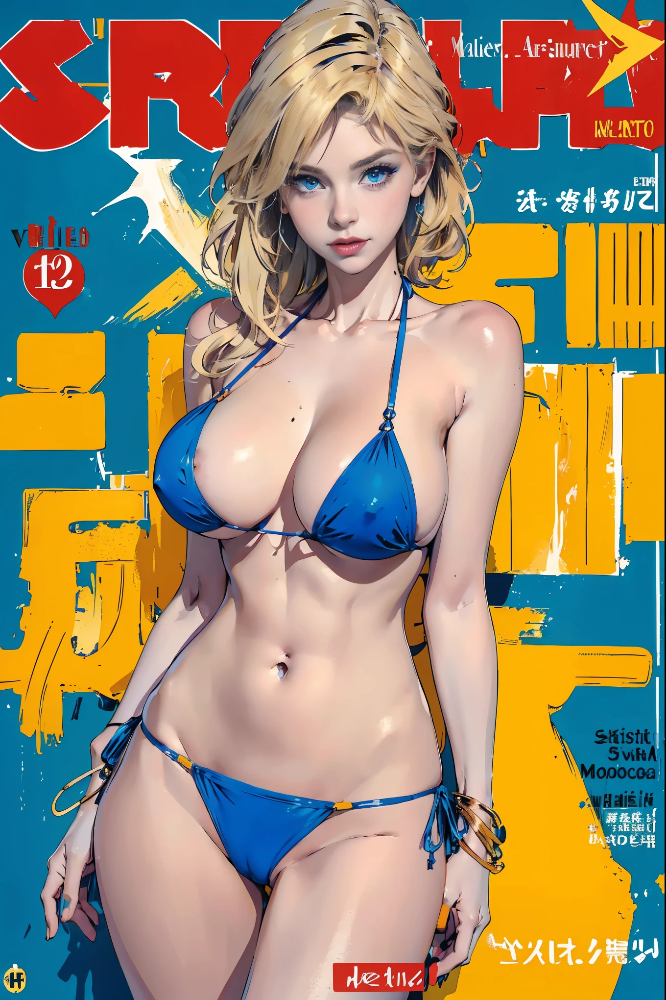 nsfw, (masterpiece:1.2, best quality), (magazine cover), (colorful Magazine cover with lots of text), brilliant colorful paintings, Comic cover style, glamorous, seductive, stylish, chic, high-fashion, alluring, elegant, trendy, fashionable, radiant, head-turner, dazzling, sophisticated, stunning, dramatic, bold, Swedish model with golden blonde hair and light blue eyes, (wearing a blue v-neck slingshot bikini:1.3). She has perfect make-up,( E cup breasts, and is striking a sexy, erotic pose), Her body is perfectly toned, sunny beach background, (highly detailed:1.2)