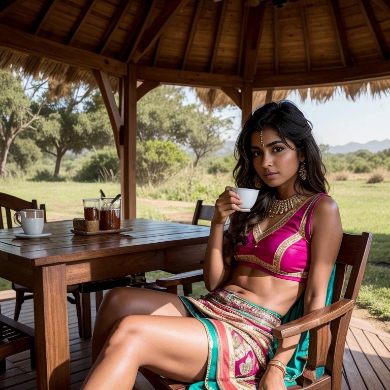 Indian Gorgeous and Fit young 18 girl Drinking Coffee in their gazebo surrounded by wildlife