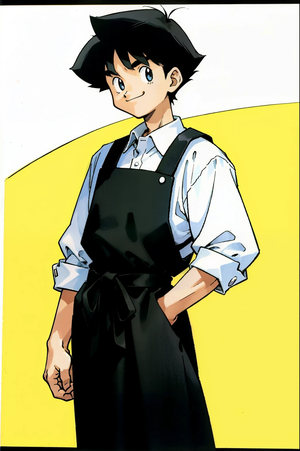 by Ken Sugimori, sugimori 1990s, ((only 1man)), white collared shirt, black apron, smiling ((hands behind their back)), full black pupils, manga, best quality, highly detailed, clean lines, cowboy shot, good hands, good eyes, hd, 8k, professional, symmetrical, hires, 8k,