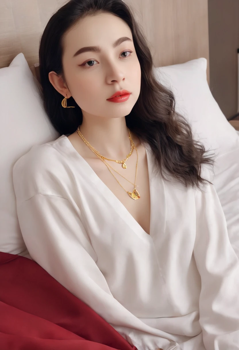 1 girl,8k, masterpiece,on bed, small gold necklace,red shirt