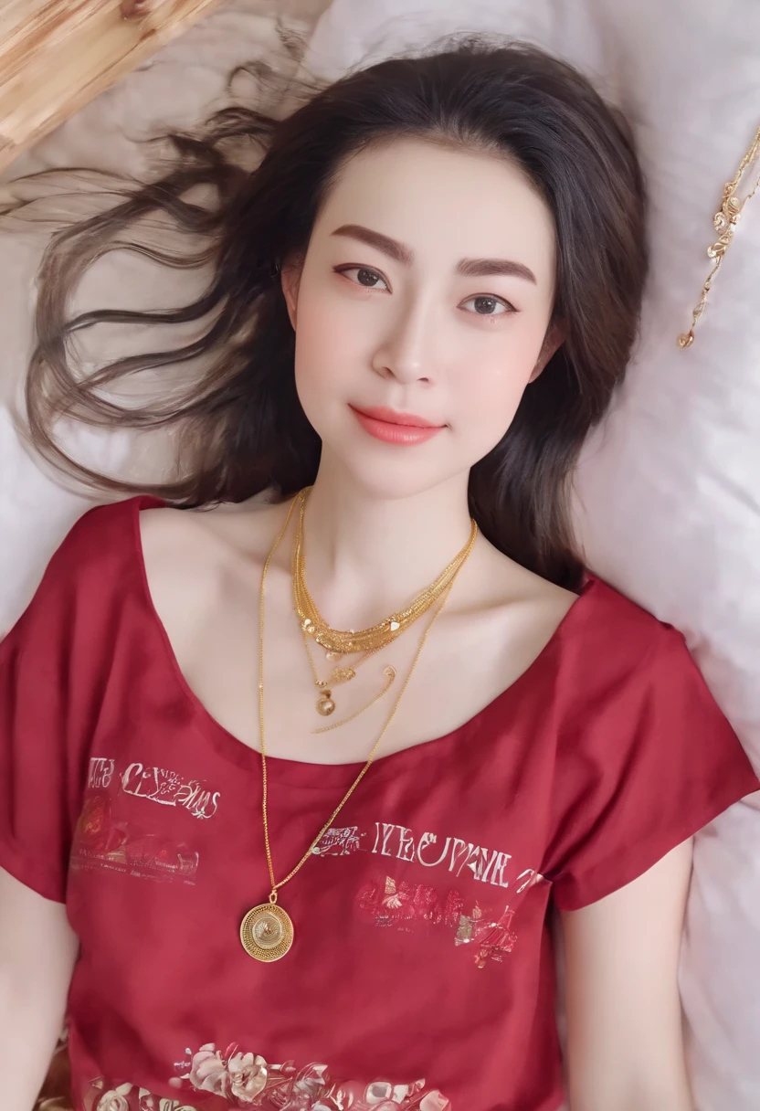 1 girl,8k, masterpiece,on bed, small gold necklace,red shirt