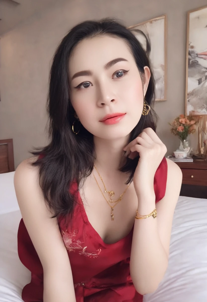 1 girl,8k, masterpiece,on bed, small gold necklace,red shirt