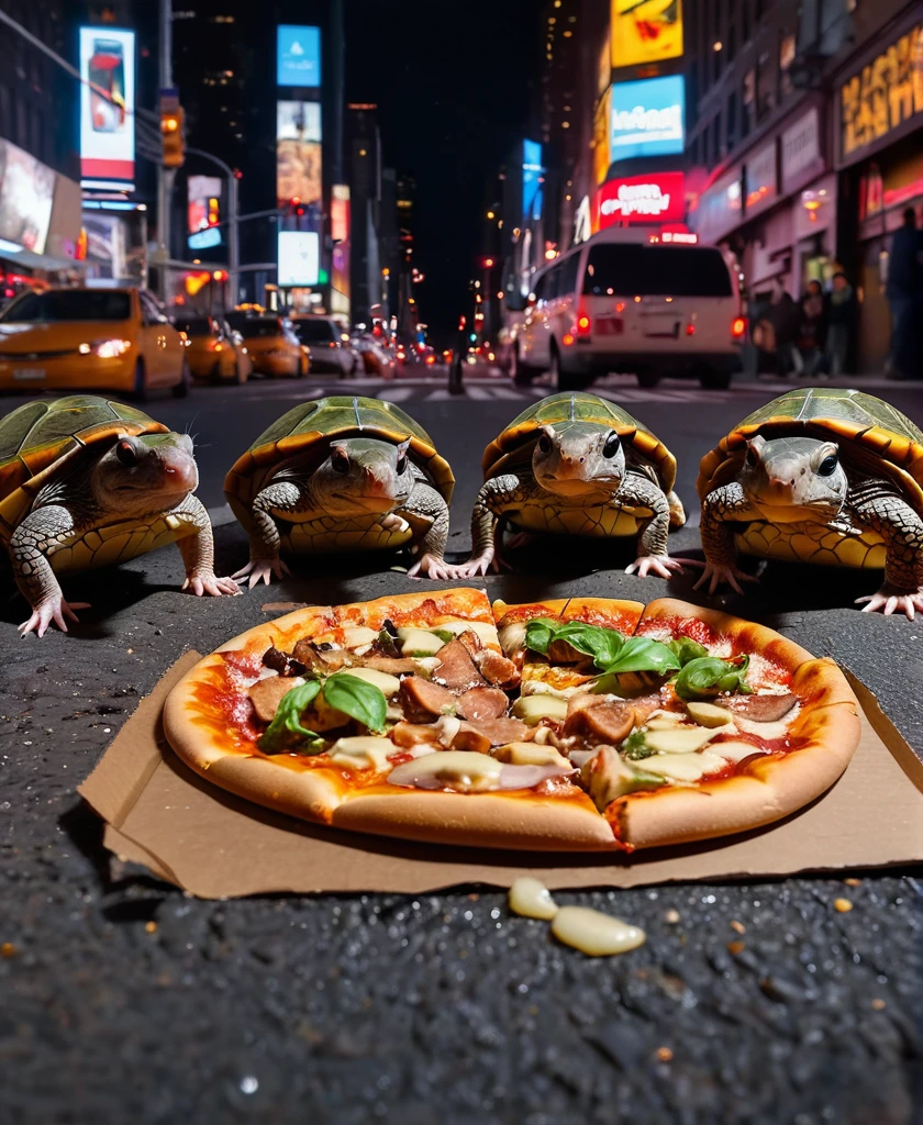 Generate an 8k UHD photograph, showing a rat and 4 turtles eating pizza in the middle of a street in New York at night, a masterpiece
