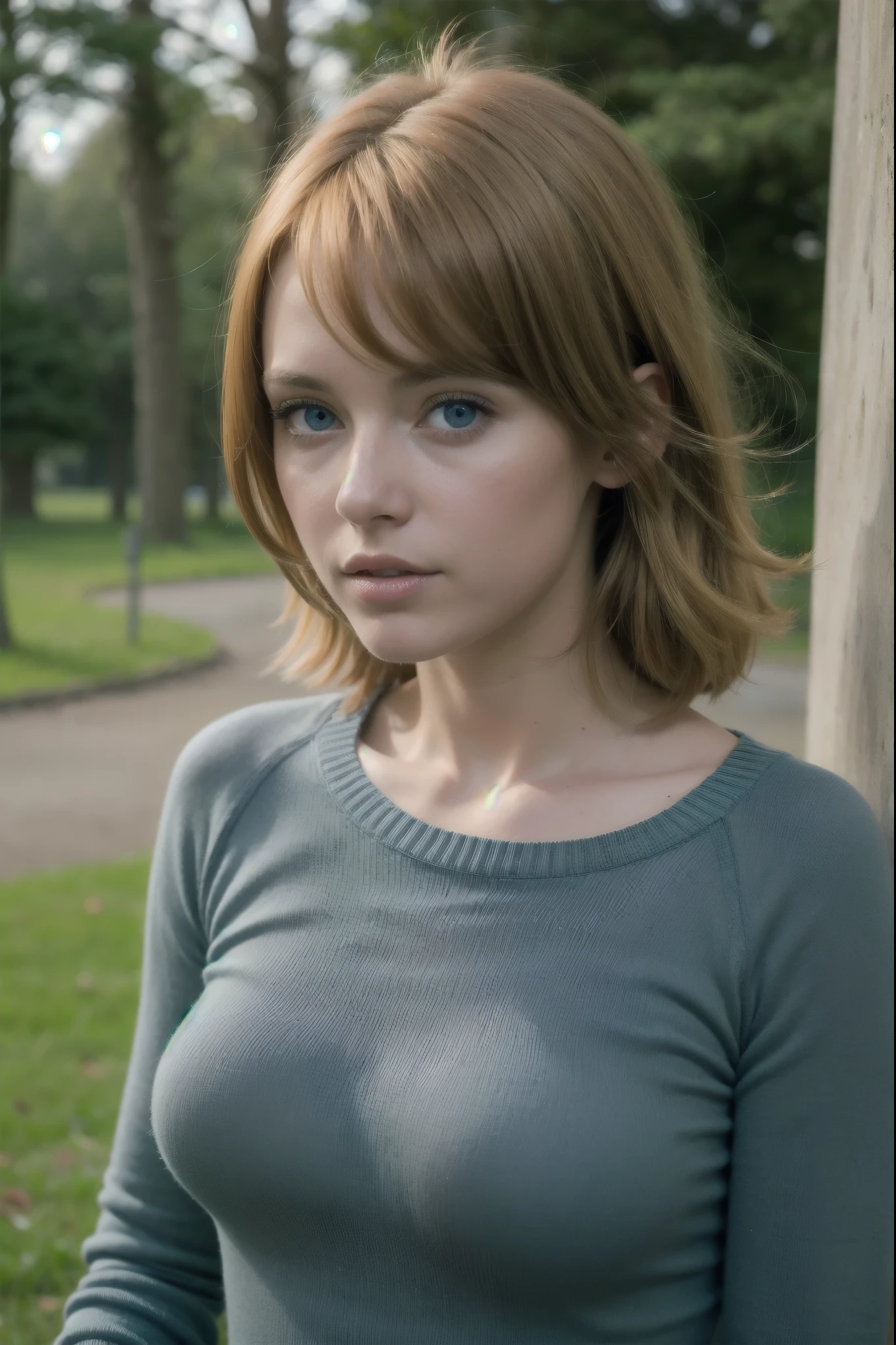 selfie of a beautiful and young woman. She is swedish. She is 20. Large eyes, large lips, small nose. Looks like Christina Hendricks. red copper hair. blue eyes. busty. fit girl. blouse. evening. outdoor. lofi photo taken with iPhone with one hand