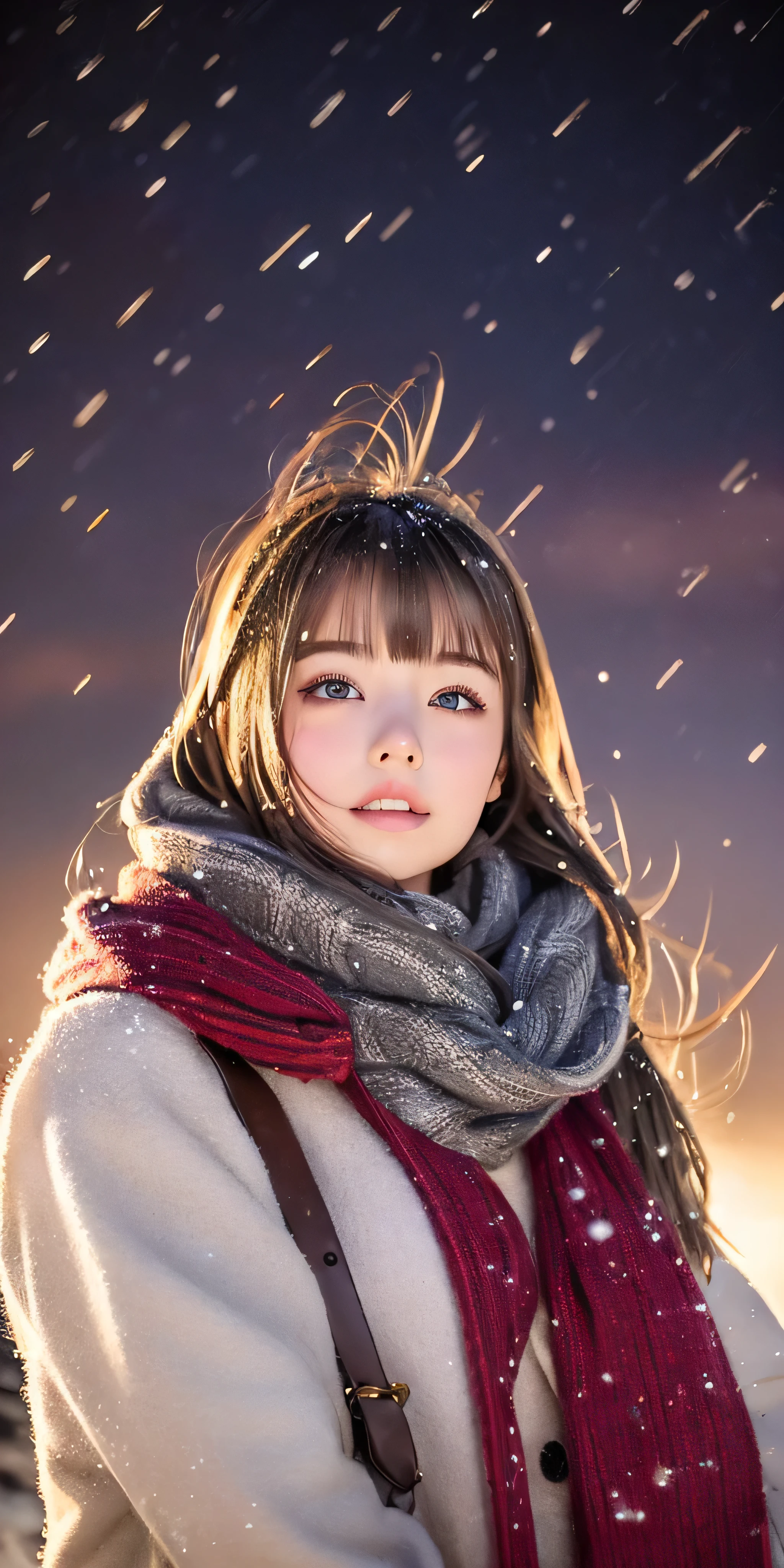 ((hair blowing in the wind、no makeup:1.2))、(realistic、Photoreal、Super detailed、best detailed skins、highest quality、masterpiece、超A high resolution)、cute russian woman、14 years、high school girl、young girl、1 girl、have bangs、ash blonde:1.7、double eyelid、drooling eyes、Japanese style face、purity、realistic skin type、thick muffler、Gray muffler、fluffy hair、((There'hair in scarf:1.3))、red cheeks、The wind is blowing、that'It's snowing、night、illumination、Lighting from behind、hair blowing in the wind