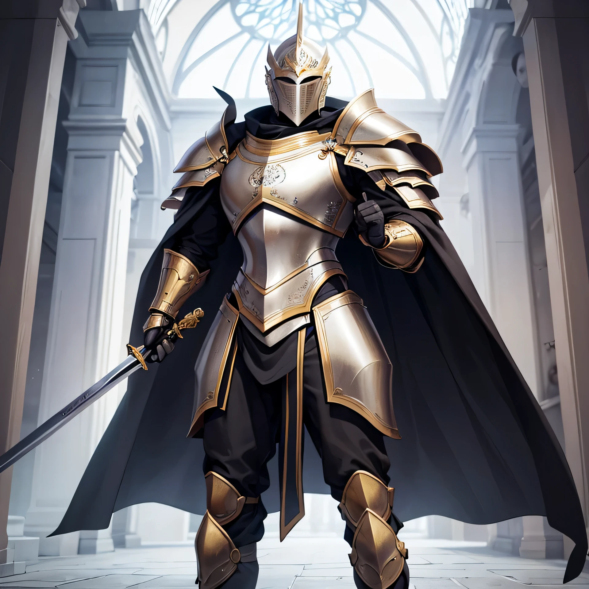 Modern Heavily armored knight, masterpiece, medieval, detailed armor, fantastic armor, golden armor, in a mosque, amazing and unique sword in his hand, full body, solo,