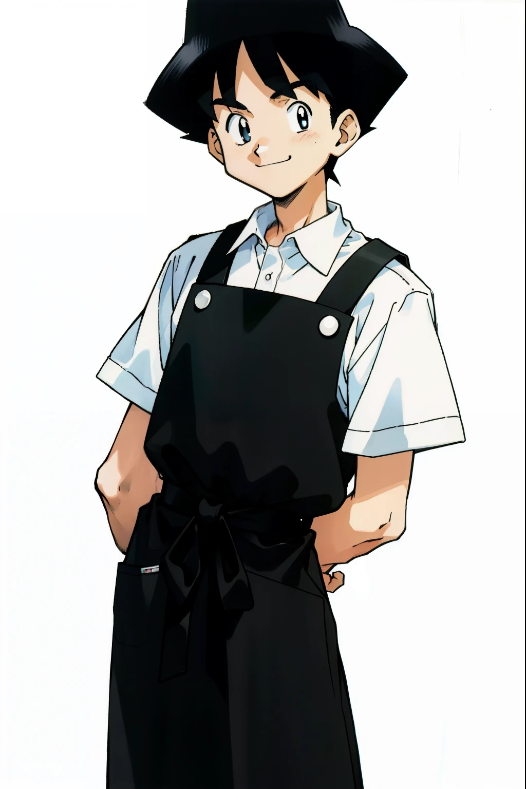 by Ken Sugimori, sugimori 1990s, ((only 1man)), white collared shirt, black apron, smiling ((hands behind their back)), full black pupils, manga, best quality, highly detailed, clean lines, cowboy shot, good hands, good eyes, hd, 8k, professional, symmetrical, hires, 8k,