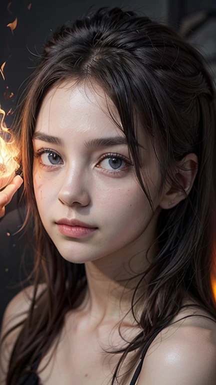 (4k,8k,best quality, masterpiece:1.2), ultra-detailed, realistic, perfect face, perfect nose, detailed hair, detailed eyes, detailed lipedium short shot))), realistic colors, studio lightning, small mouth, looking at viewer, happy, confident pose, natsu_dragneel, looking at viewer, pyrokinesis, 17s, fire, 1boy
