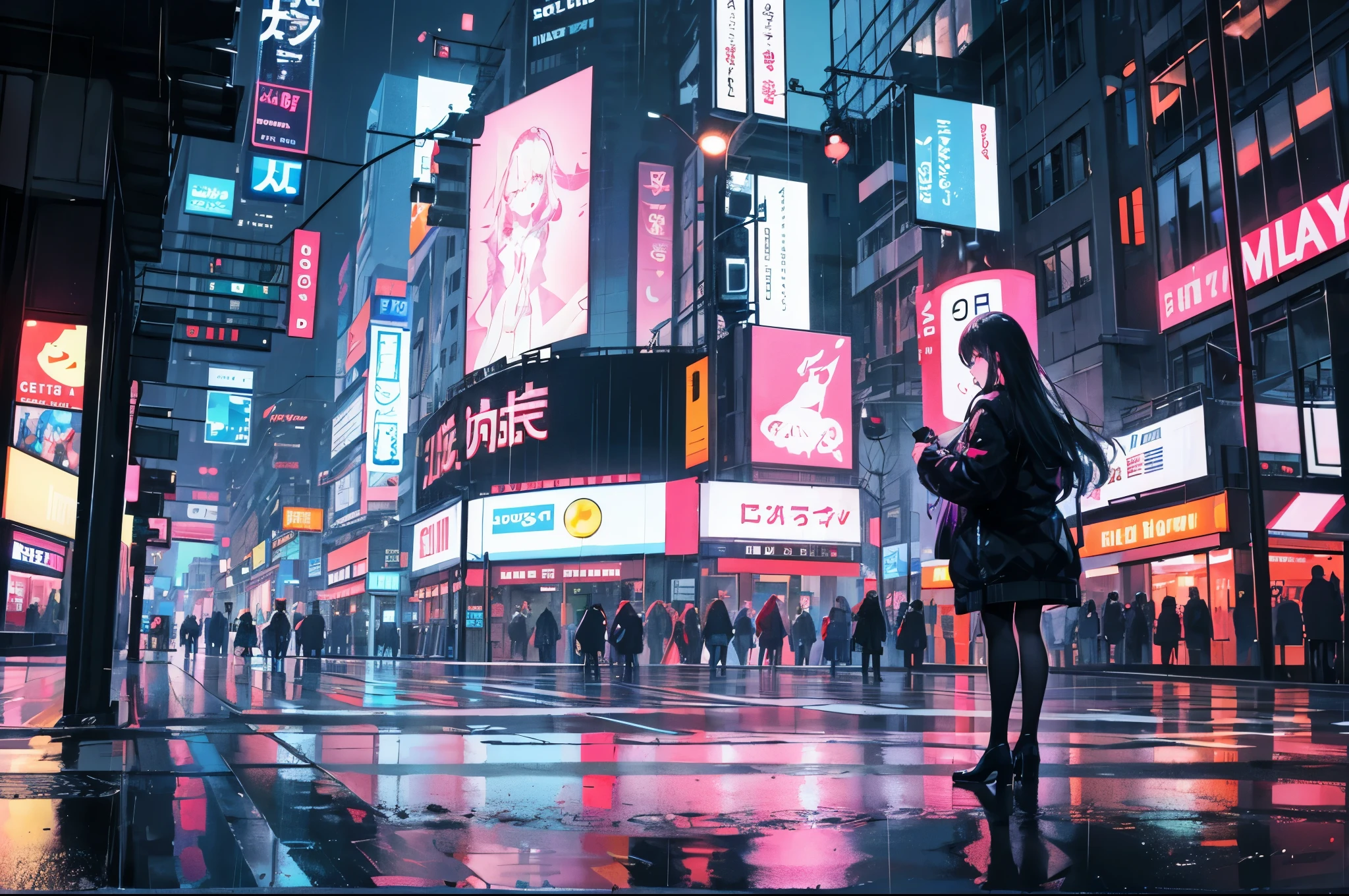 Shopping District, Shopping
A rainy night, the city is bright with neon lights.
The city is bright with neon lights, the
purple light is reflecting,, a long girl with cyberpunk style hair is standing.
Cyberpunk style girl with long hair.
futuristic buildings and electronic billboards around her, the rain-slick road surface reflects the neon light.
The rain soaked road surface reflects the neon light, the girl is alone.
The girl is alone.
Bust close-up, Describing details, Best picture quality
detail,best picture quality,
Describing, Describing details, Best image quality, Describing large enough to show facial expressions.