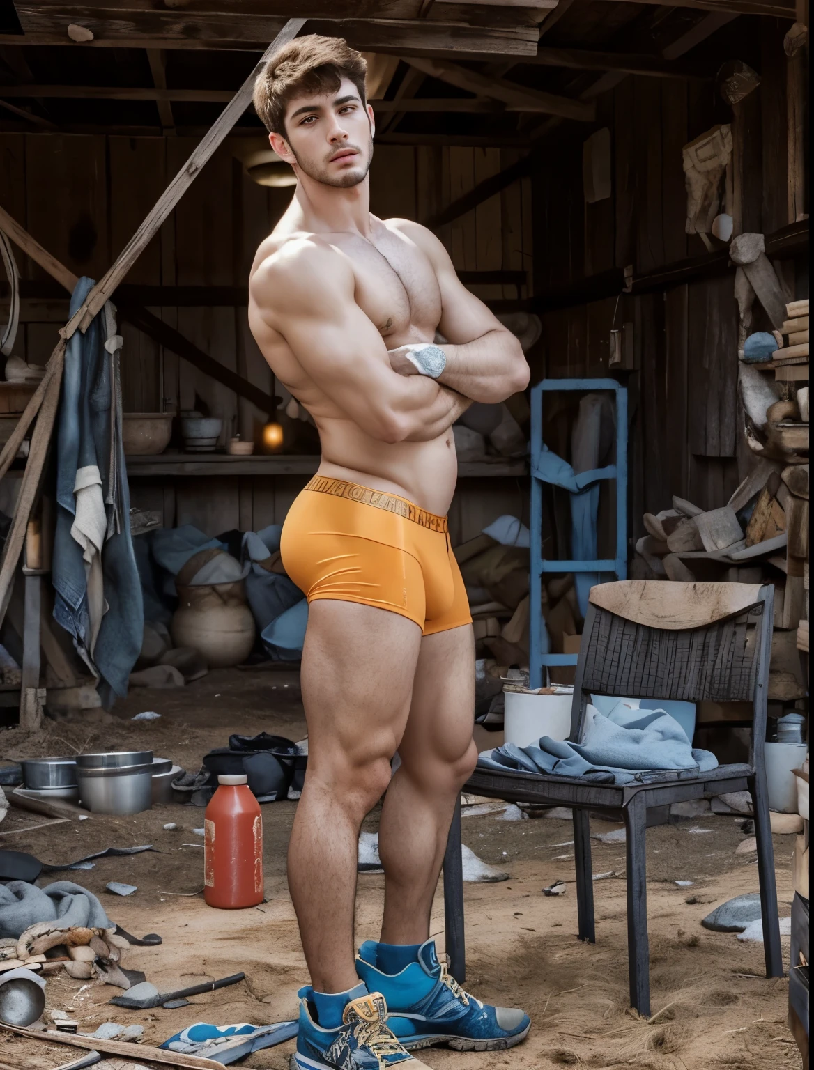 (RAW photo, best quality), (realistic, photo-realistic:1.3), masterpiece, an extremely manly and masculine, extremely detailed, CG, unity , 2k wallpaper, Amazing, finely detail, extremely detailed CG unity 8k wallpaper, huge filesize, ultra-detailed, highres, absurdres, soft light, pietroboselli person, tan skin, detailed fingers, extremely detailed eyes and face, beautiful detailed nose, beautiful detailed eyes, light on face, looking at viewer, (1man, mature face), realistic face, realistic body, underwear, shirtless, big bulge on underwear, big rounded ass,