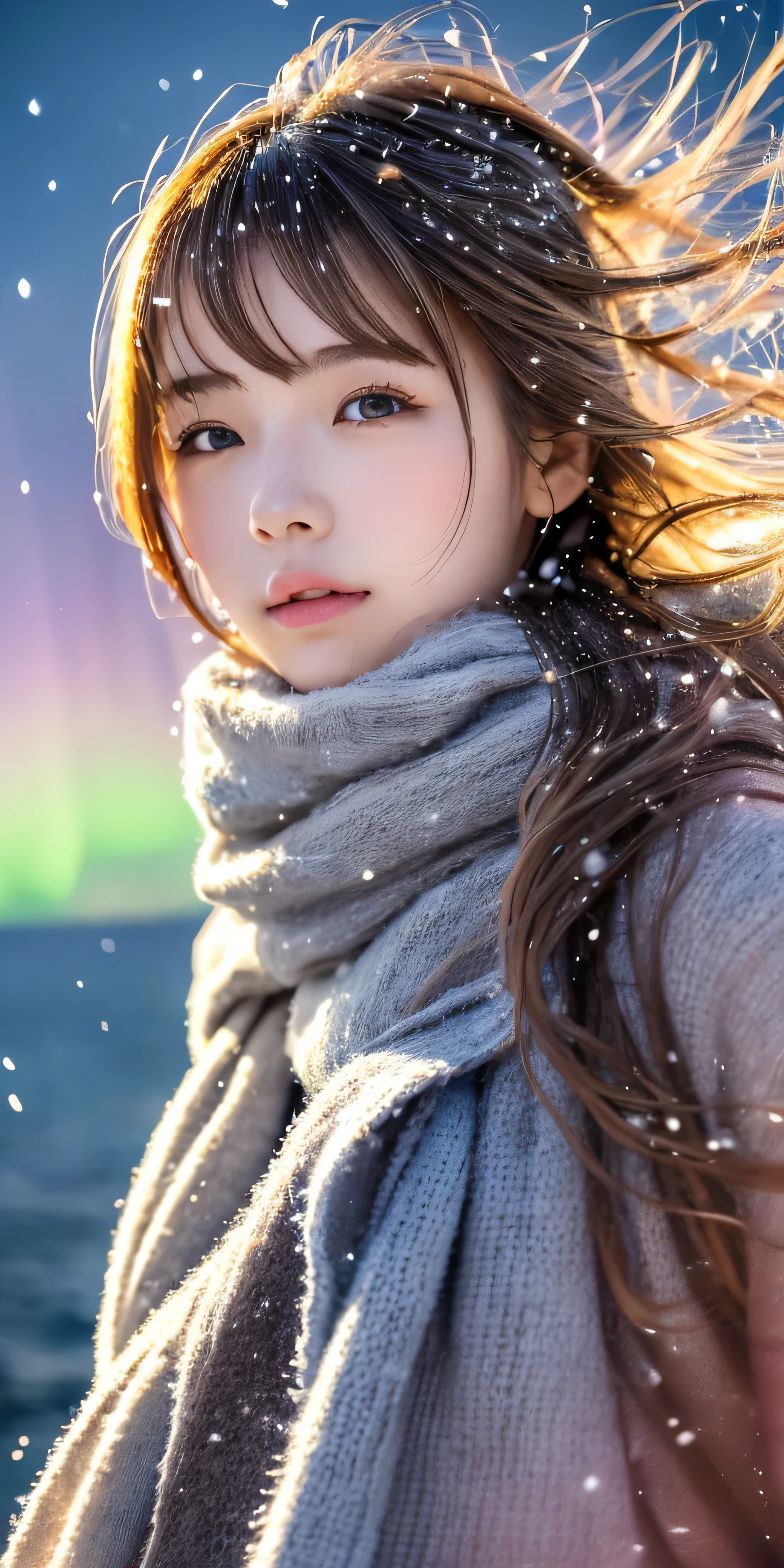 ((hair blowing in the wind、no makeup:1.2))、(realistic、Photoreal、Super detailed、best detailed skins、highest quality、masterpiece、超A high resolution)、cute russian woman、14 years、high school girl、young girl、1 girl、have bangs、ash blonde:1.7、double eyelid、drooling eyes、Japanese style face、purity、realistic skin type、thick muffler、Gray muffler、fluffy hair、((There&#39;hair in scarf:1.3))、red cheeks、The wind is blowing、that&#39;It&#39;s snowing、night、illumination、Lighting from behind、hair blowing in the wind、((Antarctica、A world view of the aurora))