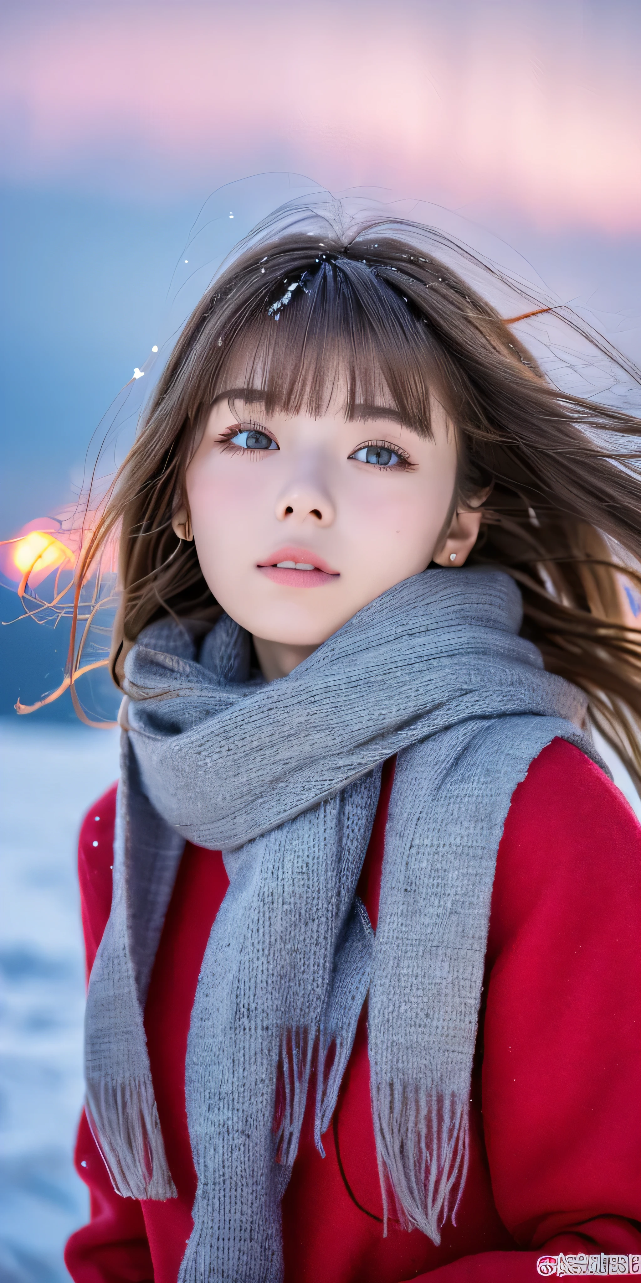 ((hair blowing in the wind、no makeup:1.2))、(realistic、Photoreal、Super detailed、best detailed skins、highest quality、masterpiece、超A high resolution)、cute russian woman、14 years、high school girl、young girl、1 girl、have bangs、ash blonde:1.7、double eyelid、drooling eyes、Japanese style face、purity、realistic skin type、thick muffler、Gray muffler、fluffy hair、((There'hair in scarf:1.3))、red cheeks、The wind is blowing、that'It's snowing、night、illumination、Lighting from behind、hair blowing in the wind、((Antarctica、A world view of the aurora))