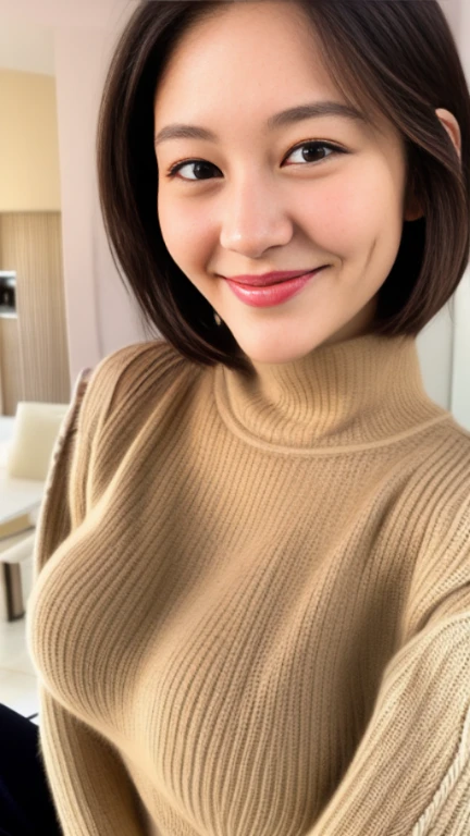 (very detailed, Cozy interior, Slightly fatty, plum, the biggest, Huge big , sophisticated facial features, Sexy, wearing a brown crew neck dress, tight jump dresses, KHD, close-up shot shot, photorealistic perfect body, very very very realistic) looking at the viewer、A captivating gaze、gentle smile、(((49 years old)))((middle-aged women))、A captivating gaze、gentle smile、((Saggy breasts 1.8))、looking at the viewer、high neck sweater、