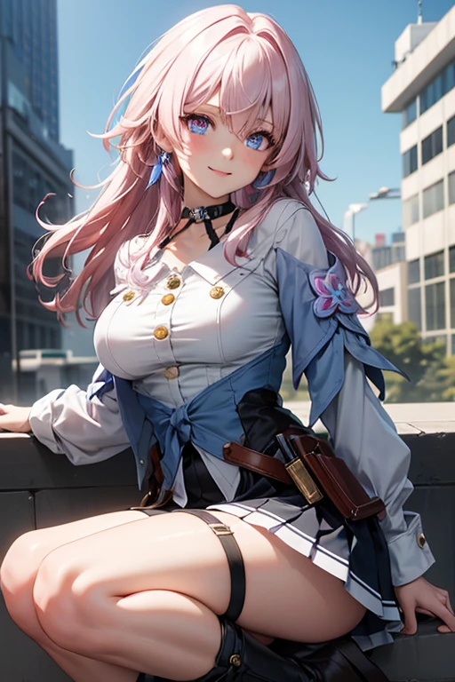 (masterpiece), best quality, expressive eyes, perfect face, 1 girl, solo, march seventh, blue eyes, hair between eyes, medium hair, pink eyes, pink hair, two-tone eyes, breasts, big breasts, large breasts, ankle boots, archery shooting glove, badge, legs, bare legs, thick legs, black choker, black corset, black footwear, black gloves, blue jacket, blue skirt, boots, button badge, buttons, choker, collarbone, corset, earrings, flower ornament, gloves, high heel boots, high heels, jacket, jewelry, long sleeves, miniskirt, partially fingerless gloves, pleated skirt, shirt, single earring, single glove, skirt, thigh strap, tied jacket, underbust, white shirt, smiling, city, background, futuristic city, sitting on the ground, knees up, portrait, looking at the viewer, buttocks,