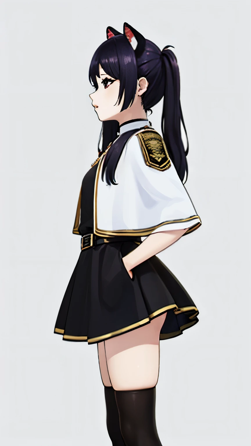 Una pieza elegante, Mejor calidad), 1 chica,1 chico,((sentado en la cara)), aafrie, ((long hair slightly wavy slightly past the shoulders, black bangs, small black pigtails on the sides, cute cat ears, beautiful thin red eyes,)), orejas puntiagudas, pendientes, cejas gruesas, white capelet, camisa de rayas, mangas largas, belt, falda blanca, pantimedias negras