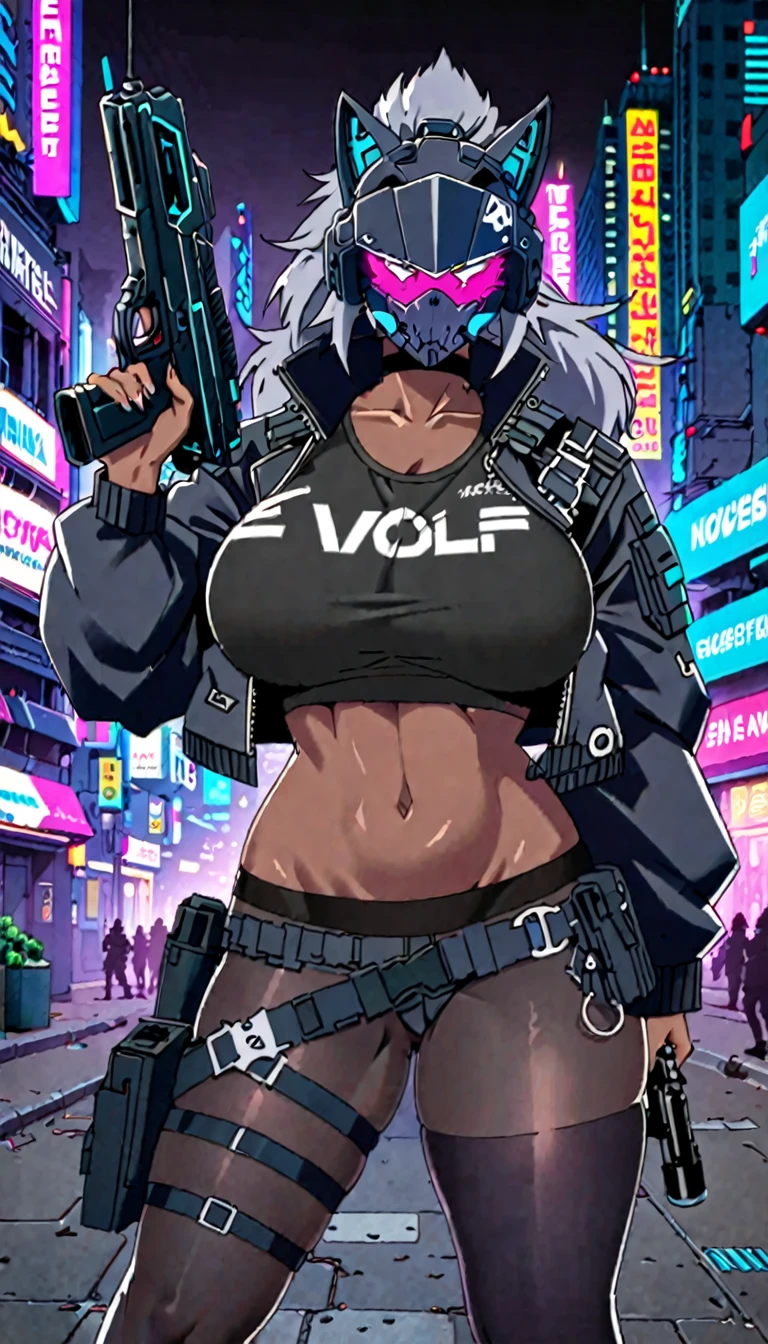 Cyberpunk High Tech Tactical Werewolf Mask Helmet Steel Wolf Clawsl dark skin Super huge breasts black sports top Cyberpunk black tights black jacket High-tech gun sci-fi city full-body shot Mature woman