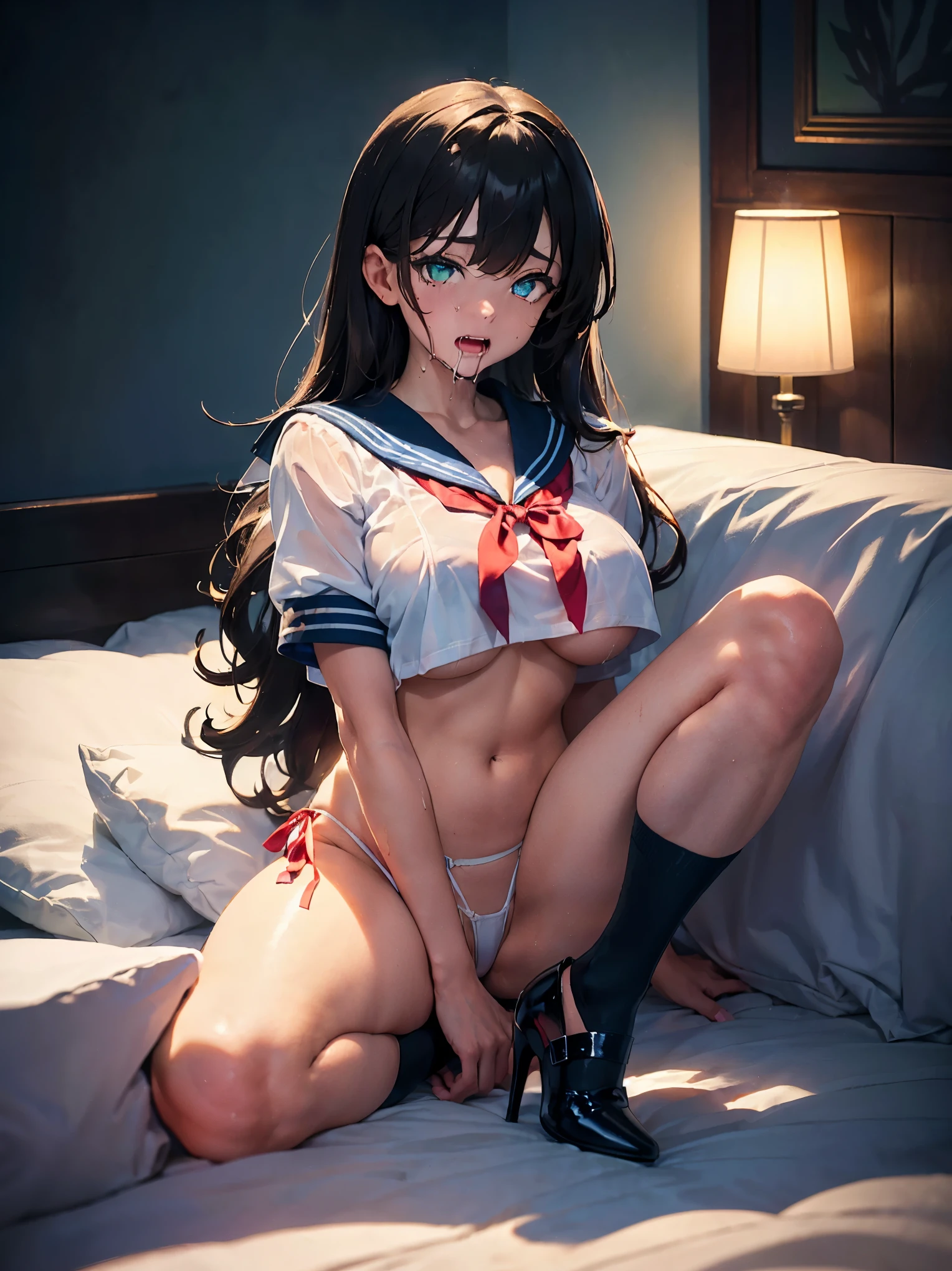 1 woman, HD quality, (ahegao:1.3), (orgasm:1.3), (drooling:1.3), steam, sheer white long thigh-high socks, sheer white satin long gloves, (glowing eyes), best ratio four finger and one thumb, (Large breasts), cleavage, (((sitting on a bed with one knee up, open legs))), (Green eyes:1.3), (Crop Top white shirt:1.5), (Micro thong:1.5), (under boob:1.5), (Sailor uniform only for the upper body:1.5), blue sailor collar,(black high-heeled shoes:1.5), (red ribbon tie:1.3)