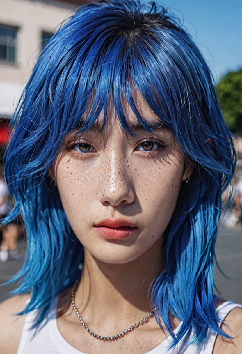 blue hair。 Best Anamorphic Lens Photography 50mm Lens Freckled Woman Close-up。In the background, the morning sun shines on her hair.、background is blurry。fashionable。NIKE sneakers。tanned skin。dark makeup。