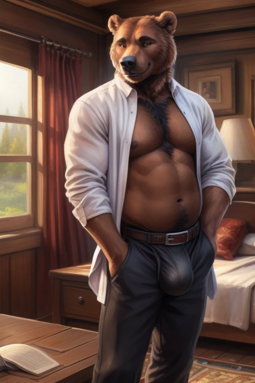 ((solo)), male, anthro (brown bear), ((white shirt, black slacks, open shirt, exposed torso, hyper erect penis under clothing, belt)), ((standing, modern bedroom, detailed background)), ((muscular, beefy:1.4)), by personalami, by ruardri, by thebigslick, by kenket, big nipples, (epic, masterpiece, high quality, correct anatomy:1.2), (posing), (belly), (smile), ((mature male))