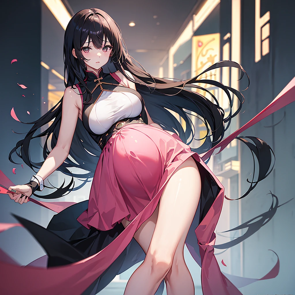 (masterpiece, best quality:1.2), 1 girl, alone,standing_, , long hair,Black无袖短背心,Pink skirt,Black,(Pregnant,huge breasts:1.8)