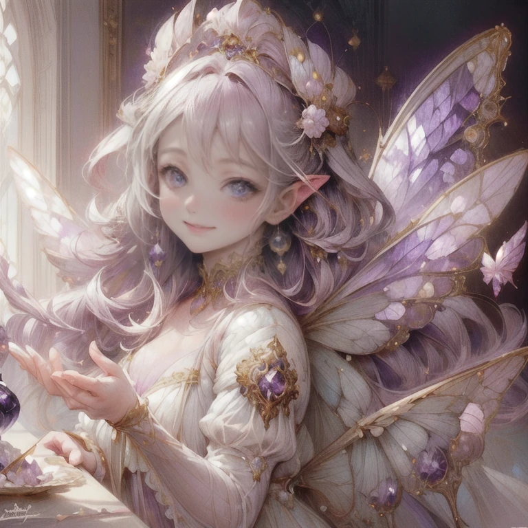 (masterpiece,highest quality, very detailed, beautiful, exquisite, 16k, Full HD),((body whole)), ((white background)),((smile,Happy:1.5)),((frills, Rhinestones and Amethyst,Sparkling purple fluffy layered ball gown)),((city)),((Butterfly Wings)),(amethyst tiara,Amethyst Choker,Amethyst Earrings,Amethyst Shoes,)(Pink medium hair,hair blowing in the wind, fluffy hair),(white skin,lavender eyes, long eyelashes, Big eyes,Pale pink cheeks, pointed ears),bright light, warm lighting, (pastel colour,table top, art station, fantasy art:1.2),
