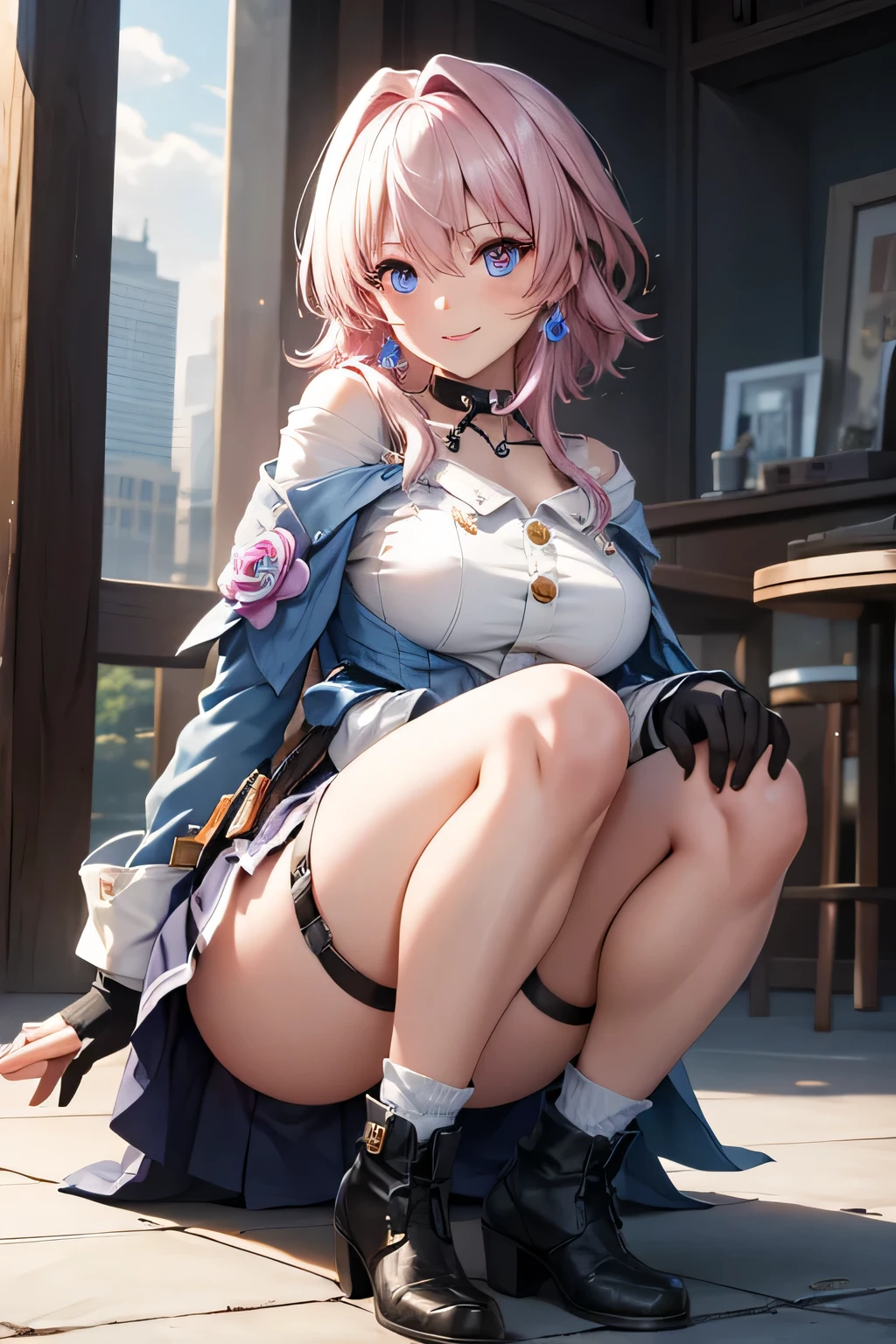 (masterpiece), best quality, expressive eyes, perfect face, 1 girl, solo, march seventh, blue eyes, hair between eyes, medium hair, pink eyes, pink hair, two-tone eyes, breasts, big breasts, large breasts, ankle boots, archery shooting glove, badge, legs, bare legs, thick legs, black choker, black corset, black footwear, black gloves, blue jacket, blue skirt, boots, button badge, buttons, choker, collarbone, corset, earrings, flower ornament, gloves, high heel boots, high heels, jacket, jewelry, long sleeves, miniskirt, partially fingerless gloves, pleated skirt, shirt, single earring, single glove, skirt, thigh strap, tied jacket, underbust, white shirt, smiling, city, background, futuristic city, sitting on the ground, knees up, portrait, looking at the viewer, buttocks,