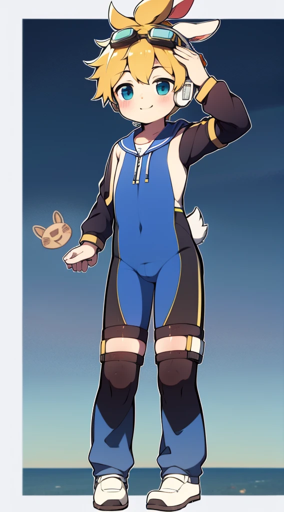 2D Boy Shota，One-piece mountaineering suit，Slim, healthy body，Put the headphones on your head，stand up，goggles，Rabbit ears，happy，Sailor collar，Lovely，love