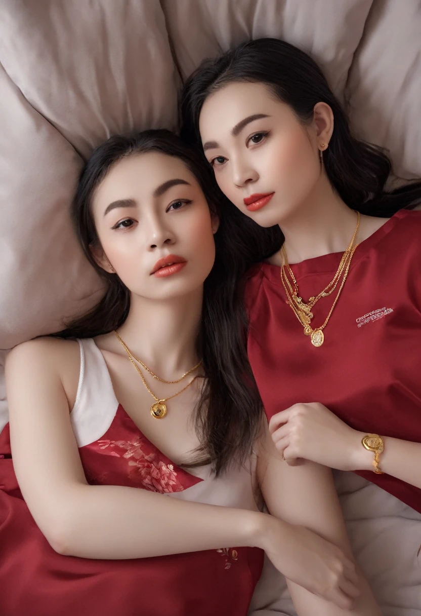 1 girl,8k, masterpiece,on bed, small gold necklace,red shirt