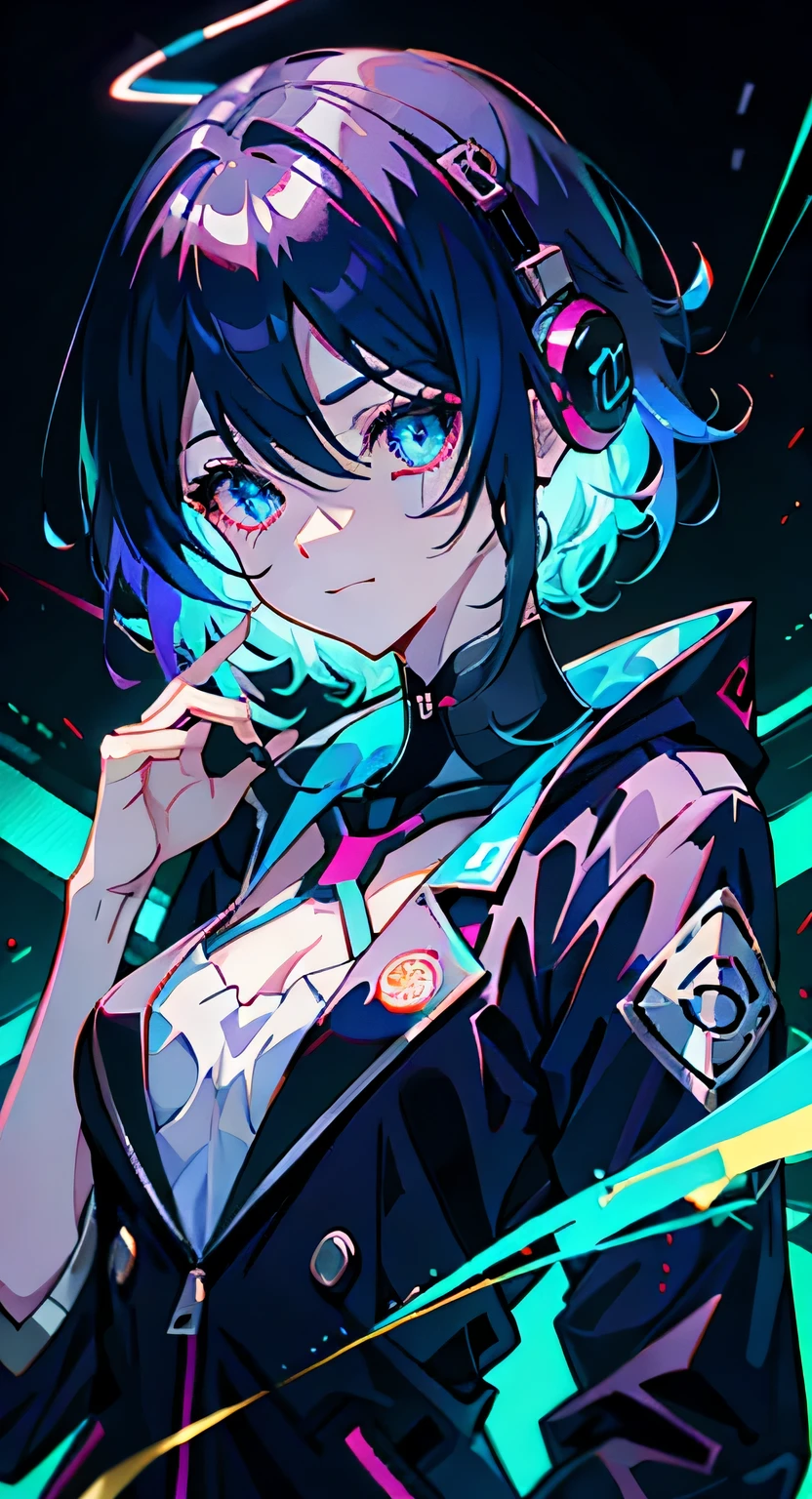 Anime girl medium hair, wearing a suit, The eyes are glaring sharply、A scheming smile, neon blue hair, scar, sticker, Overall shot in neon style, whole body、 headphone、Place both hands on either side of your face、Looking down from above