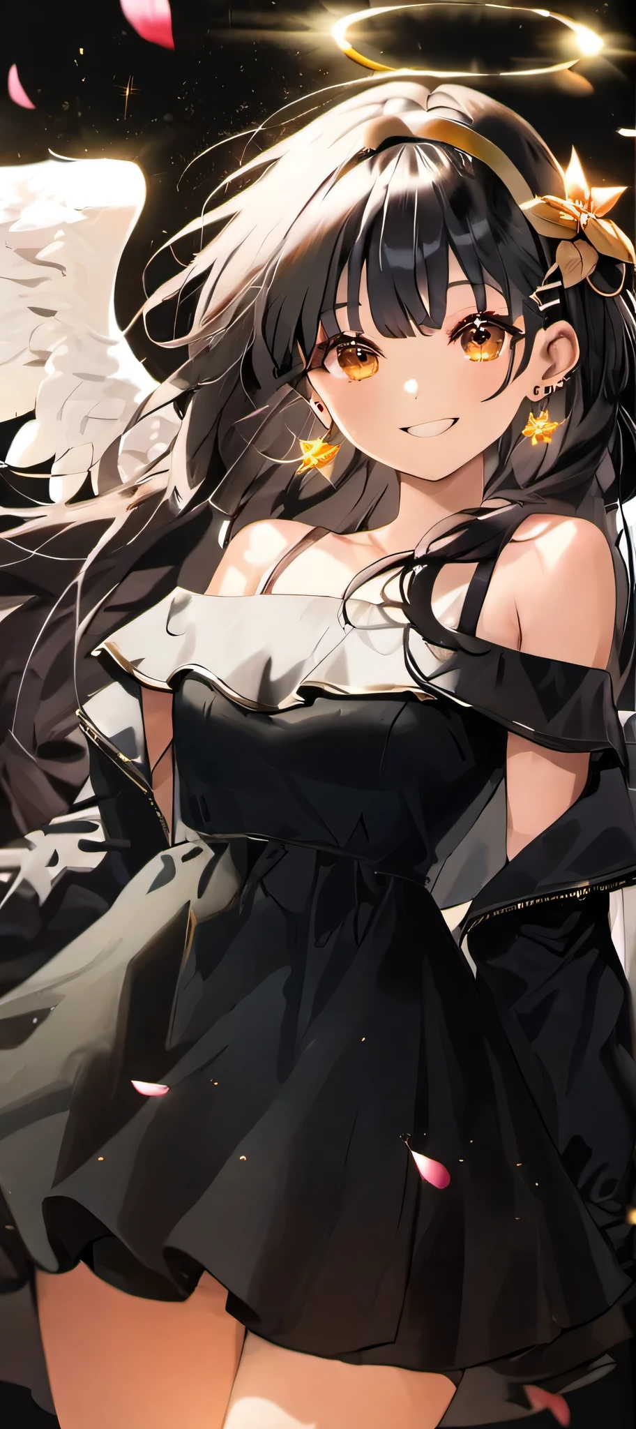 jorbria, angel wings, beautiful woman, (photorealistic), backlit, black background, black dress, black gloves, black hair, smile, cowboy shot, dress, earrings, floating hair, gloves, gold earrings, gold hair band, hair flower, hair ornament, ((hair band)), jewelry, light particles, long hair, look viewer, off-the-shoulder dress, off-shoulder, Petals, Side Rock, Solo, Spike, Beautiful Dress, Double-sided Fabric, ((Masterpiece))  