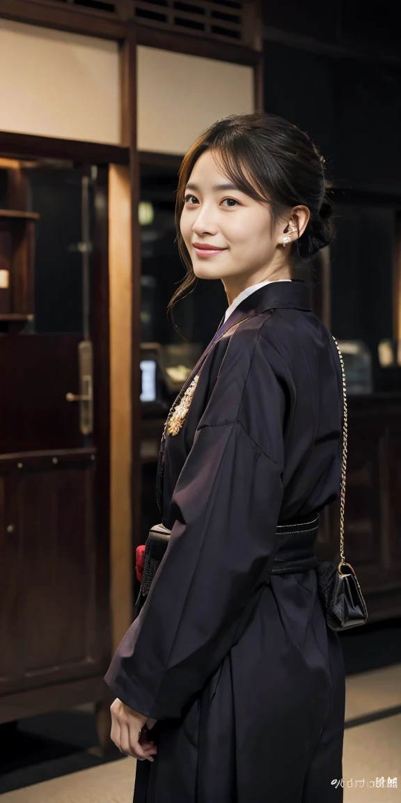masterpiece, official art, 8K, best quality, Very detailed, mystery, dark, complicated, upscale, auction:1.2, woman, Japanese kimono, earphone, Security personnel, High-tech equipment, Advanced surveillance technology, valuables on display, man in foreground, Observing the scene confidently with a sly smile.