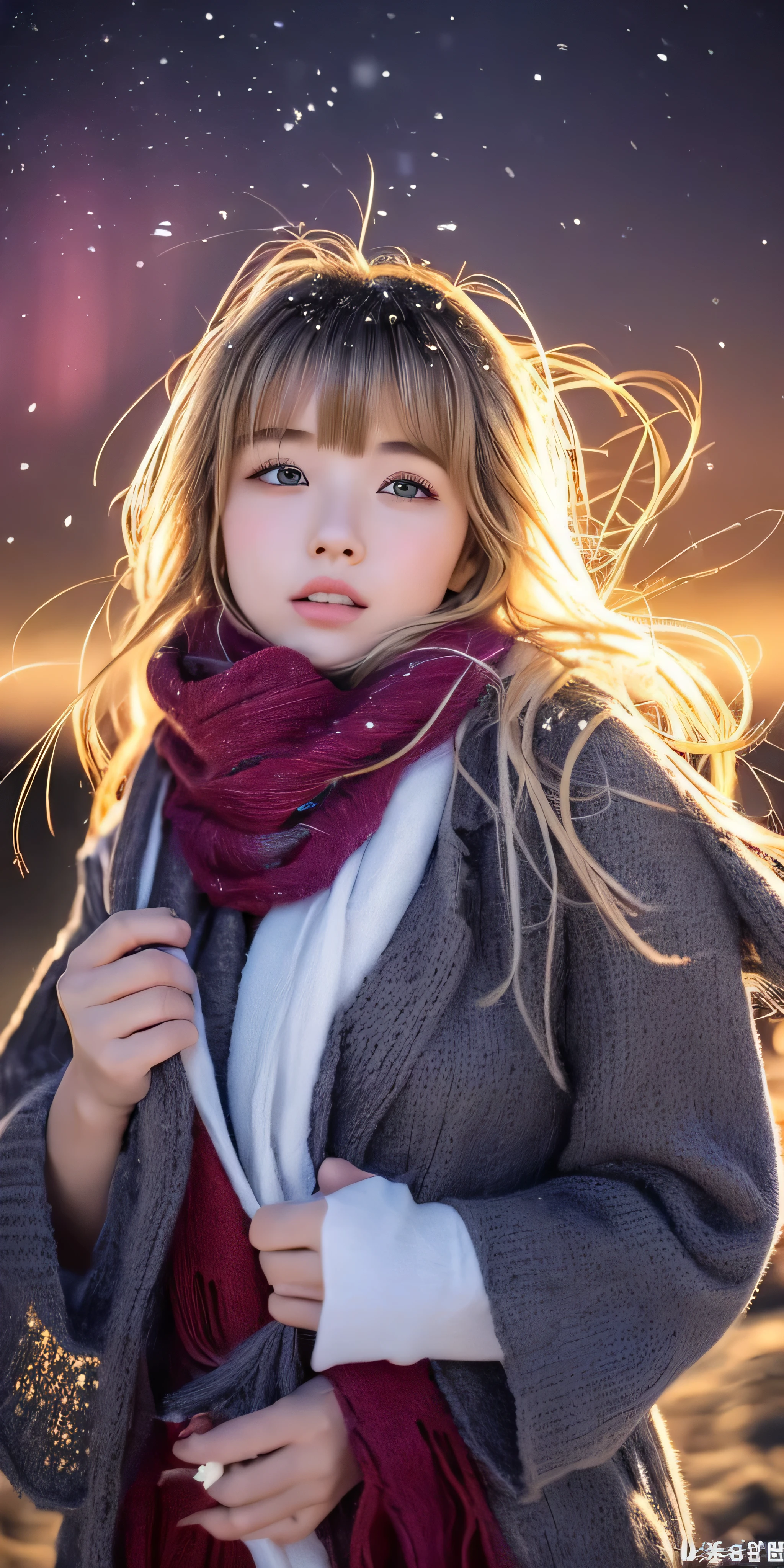 ((hair blowing in the wind、no makeup:1.2))、(realistic、Photoreal、Super detailed、best detailed skins、highest quality、masterpiece、超A high resolution)、cute russian woman、14 years、high school girl、young girl、1 girl、have bangs、ash blonde:1.7、double eyelid、drooling eyes、Japanese style face、purity、realistic skin type、thick muffler、Gray muffler、fluffy hair、((There'hair in scarf:1.3))、red cheeks、The wind is blowing、that'It's snowing、night、illumination、Lighting from behind、hair blowing in the wind、((Stargazing in Antarctica、A world view of the aurora))