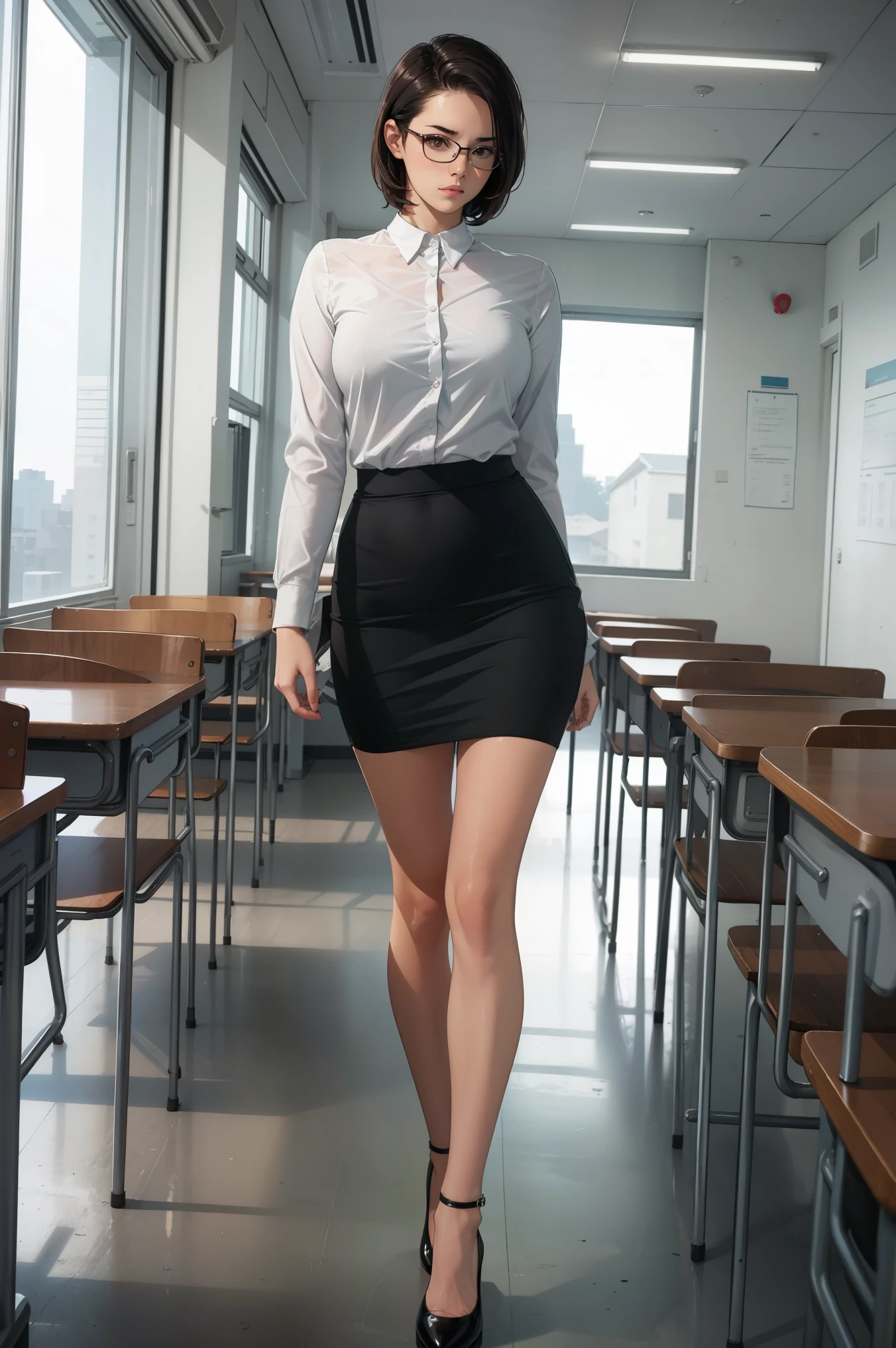 1 girl, wearing glasses, short brown hair, huge breast, curvy, wearing long sleeve white shirt, black pencil skirt, black heels, standing inside the classroom, arm crossed, alone, front view, 