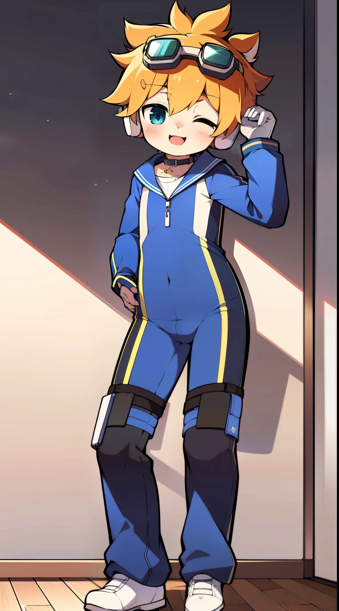 2D Boy Shota,One-piece mountaineering suit,Slim, healthy body,Put the headphones on your head,stand up,goggles,Rabbit ears,happy,Sailor collar,Lovely,love